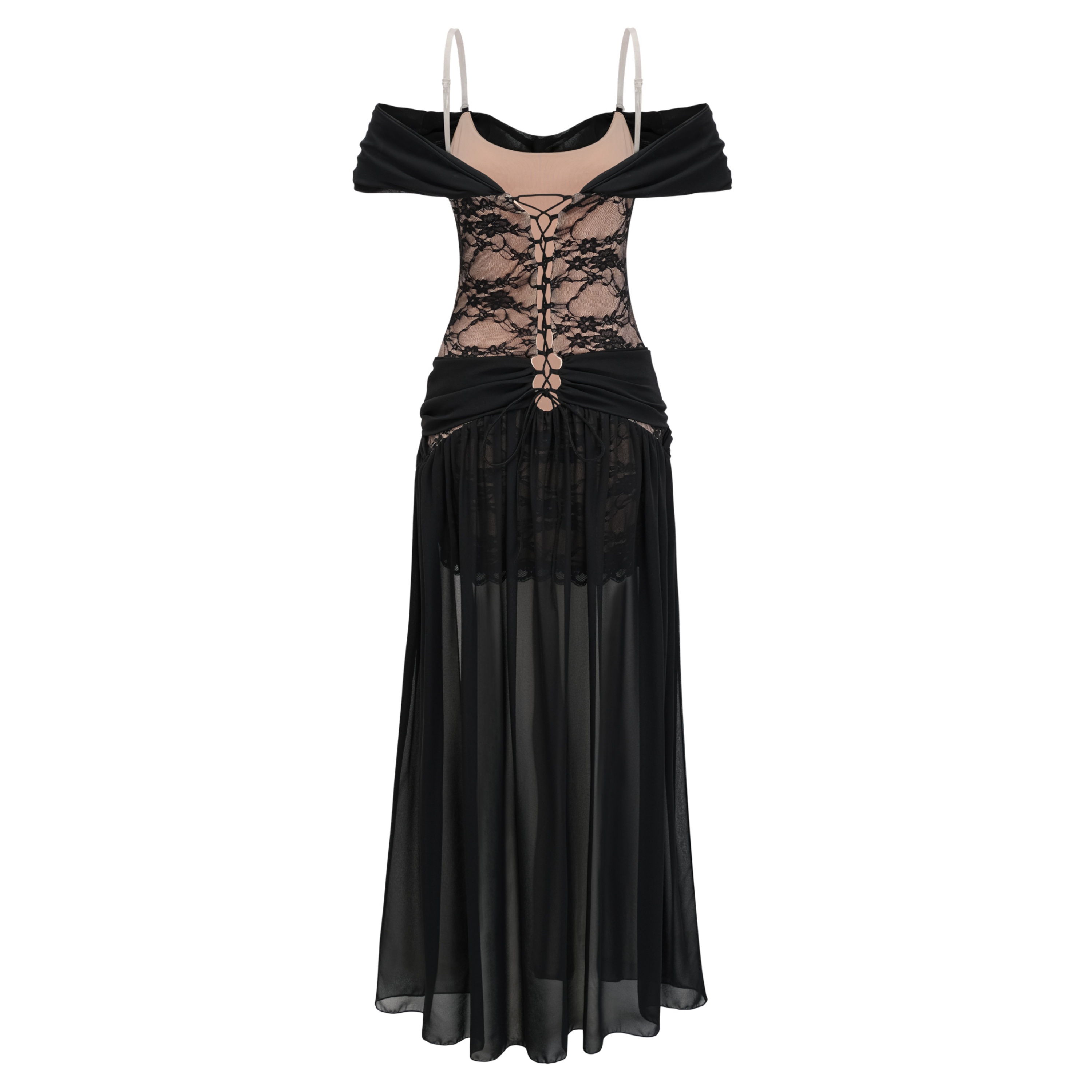 Dildar Black Cross Front Maxi Dress with Lace Panels