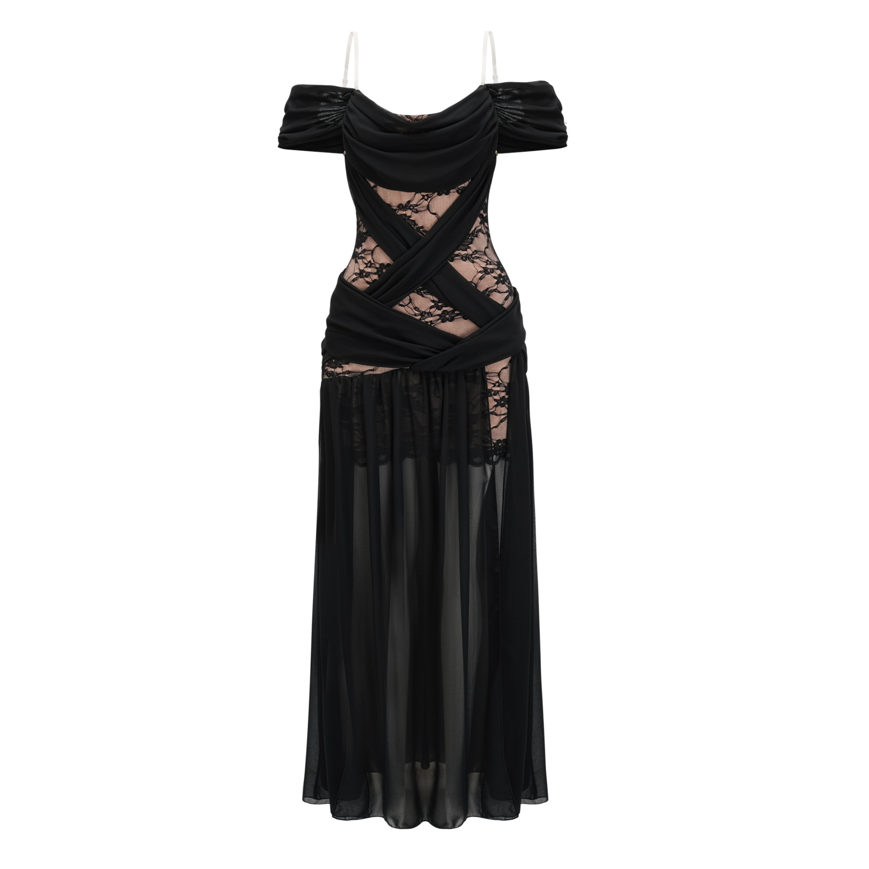 Dildar Black Cross Front Maxi Dress with Lace Panels