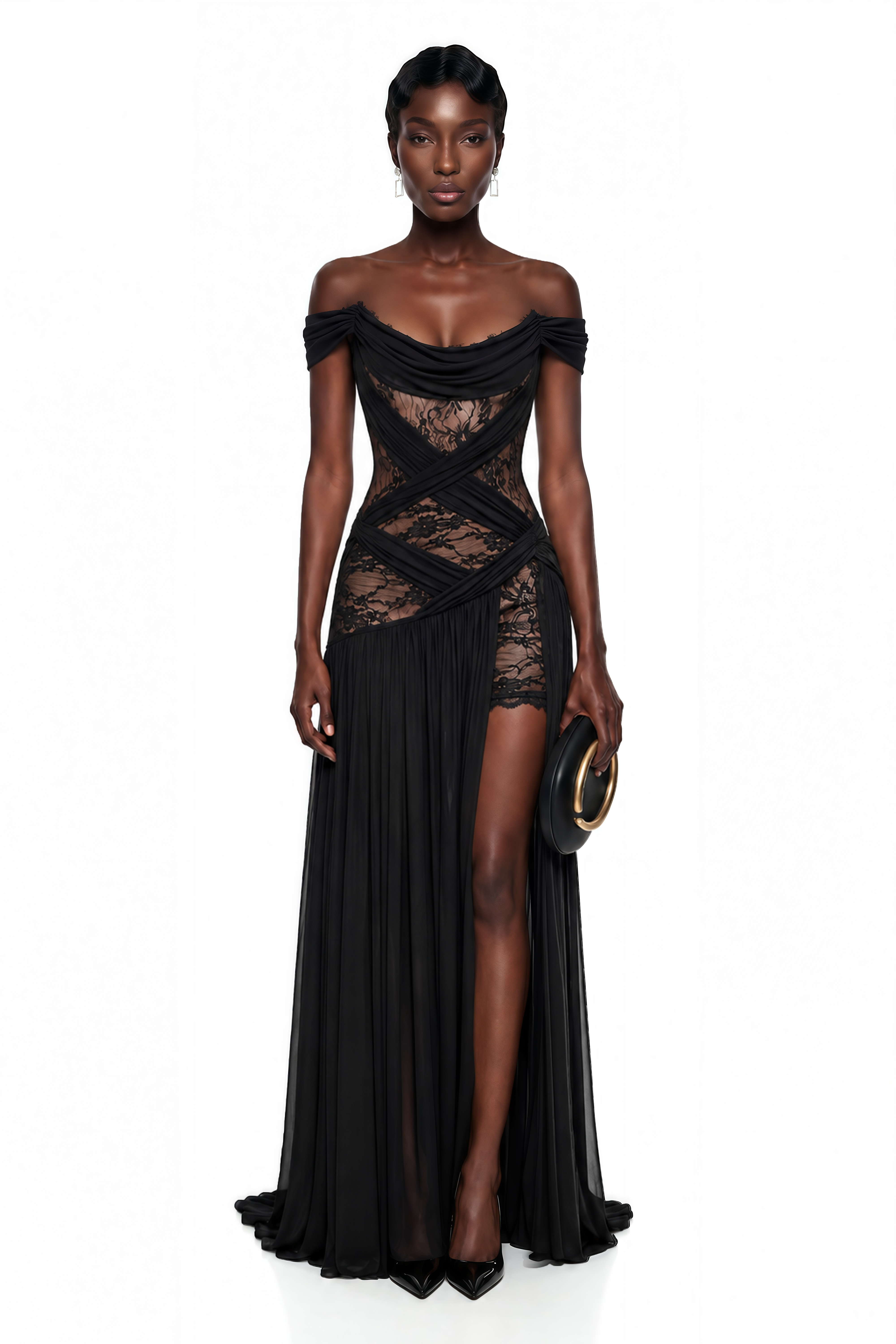 Black off-the-shoulder gown with lace panels and a high slit
