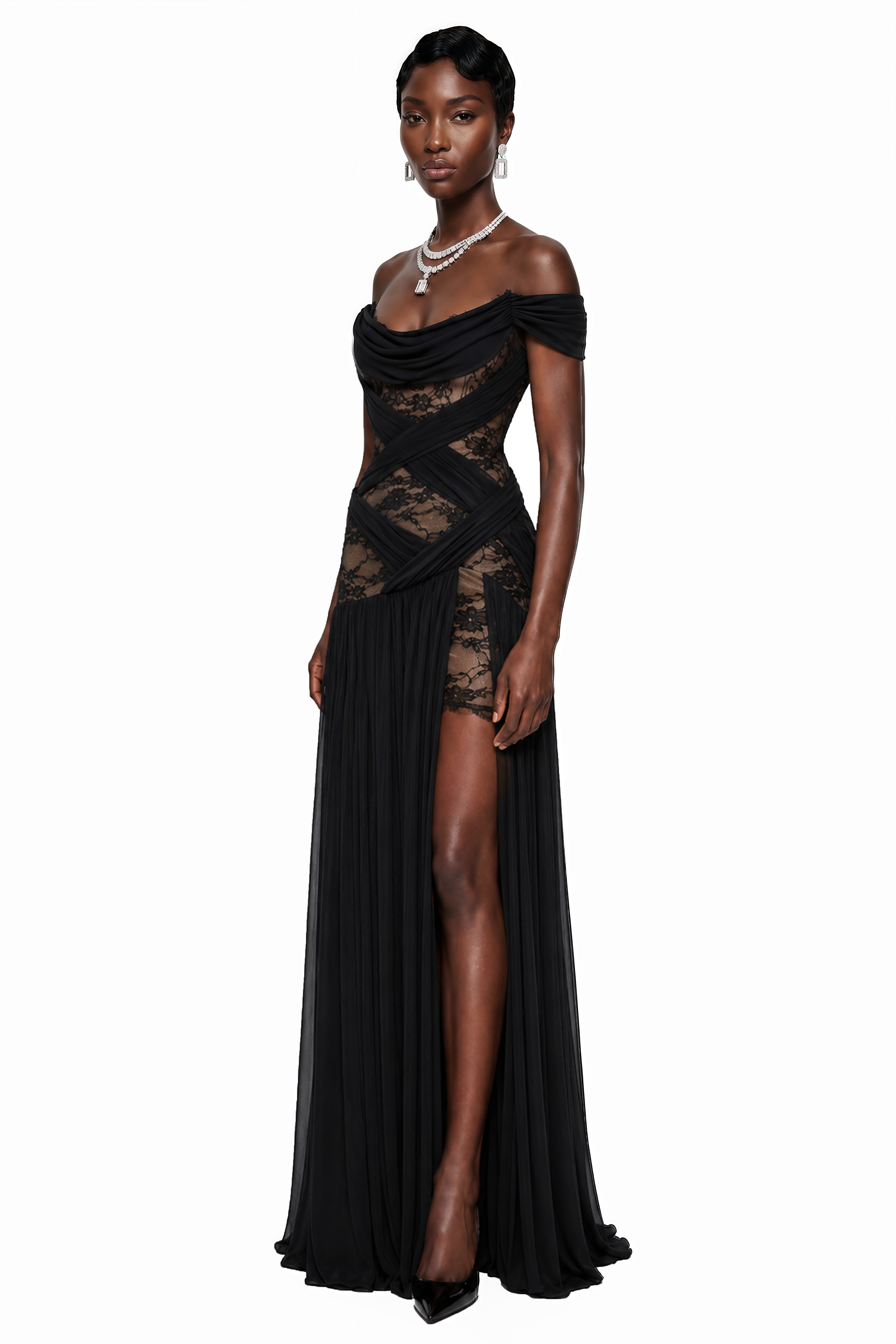 Black off-the-shoulder gown with lace panels and a high slit