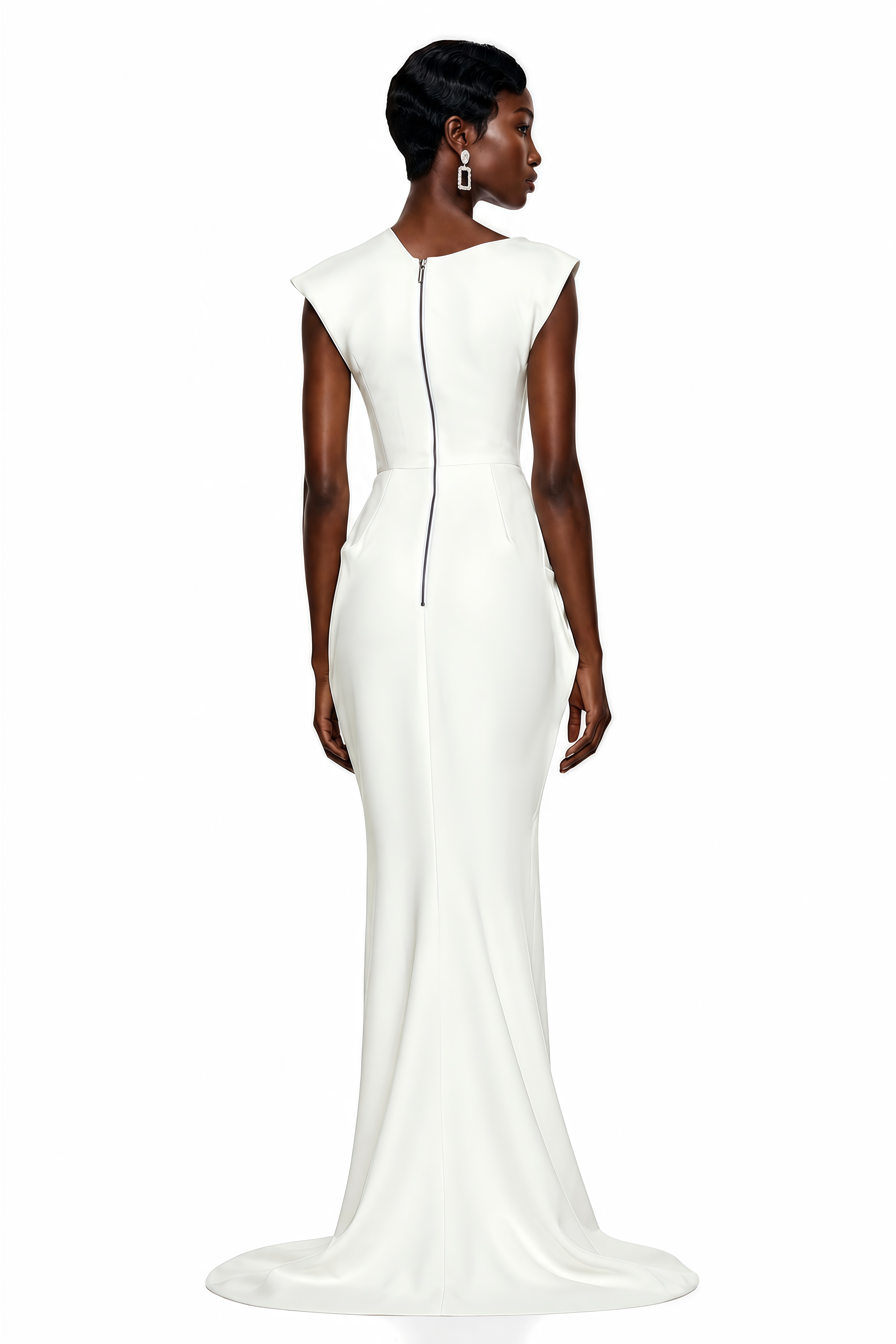 White maxi dress with a draped high neckline, cap sleeves, asymmetric hip fold, and high leg slit