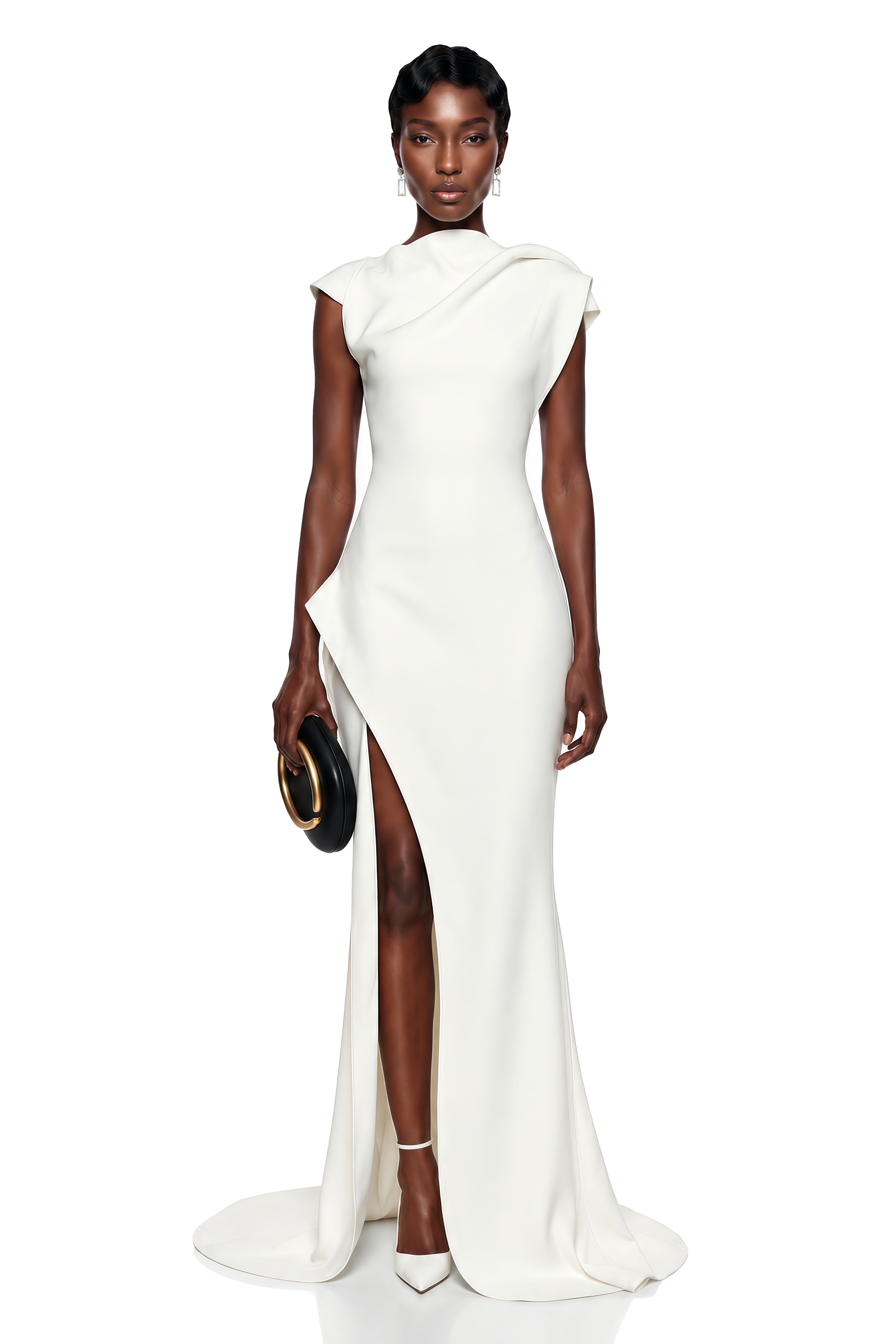 Dilek White Mock Neck Maxi Dress with High Slit