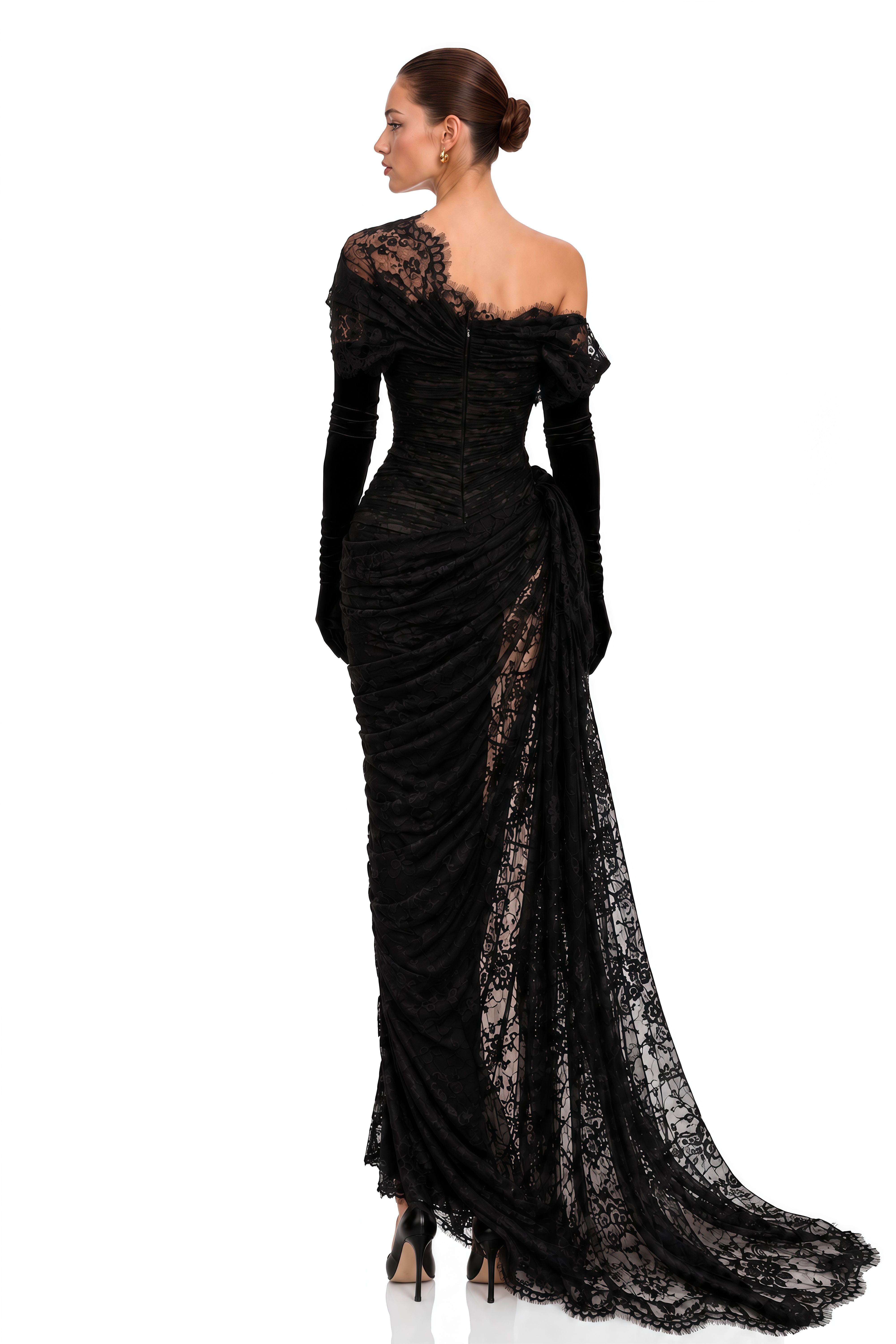 Dolores Black Lace Draped One Shoulder Maxi Dress
