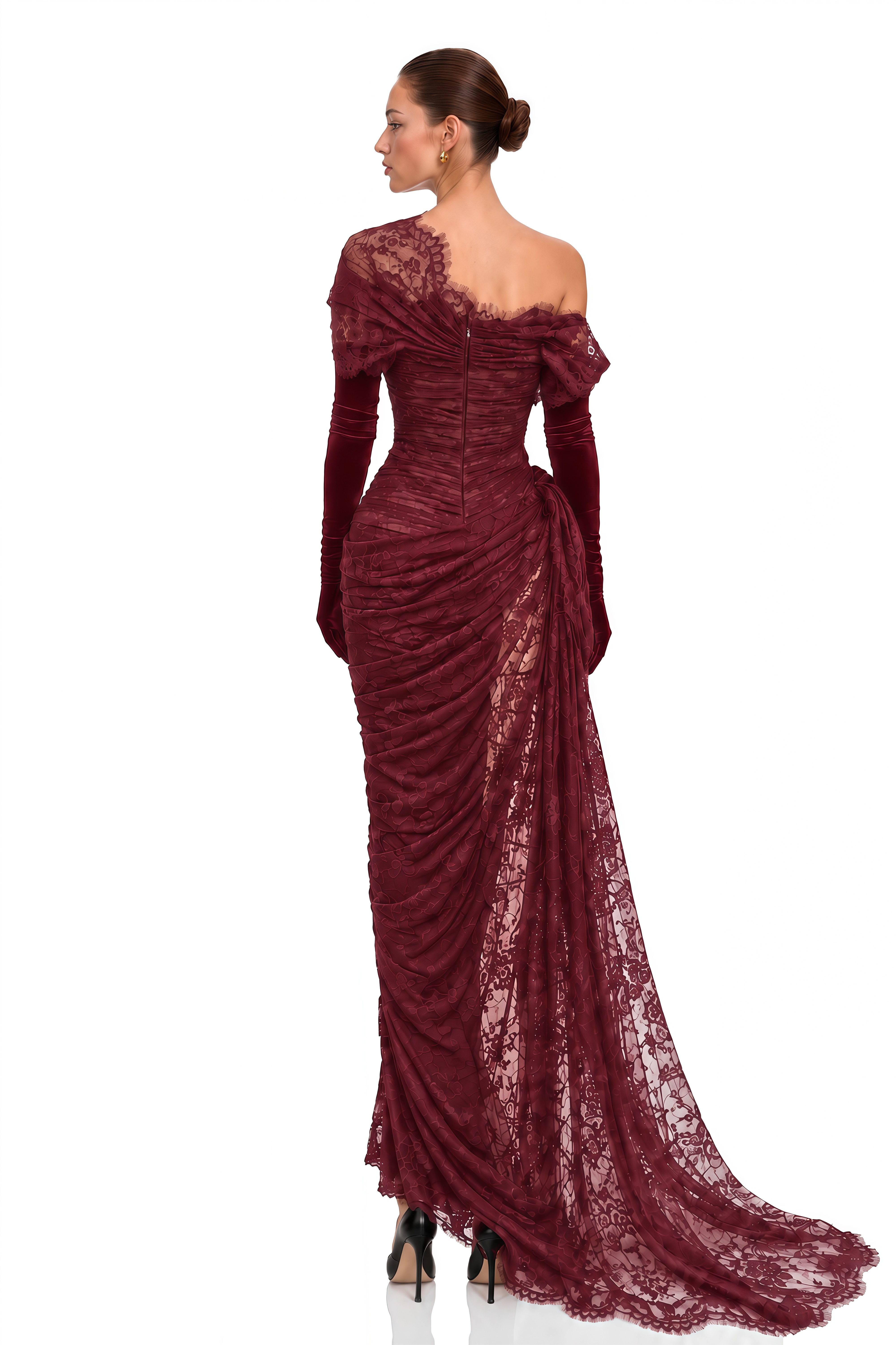 Dolores Burgundy Lace Draped One Shoulder Maxi Dress
