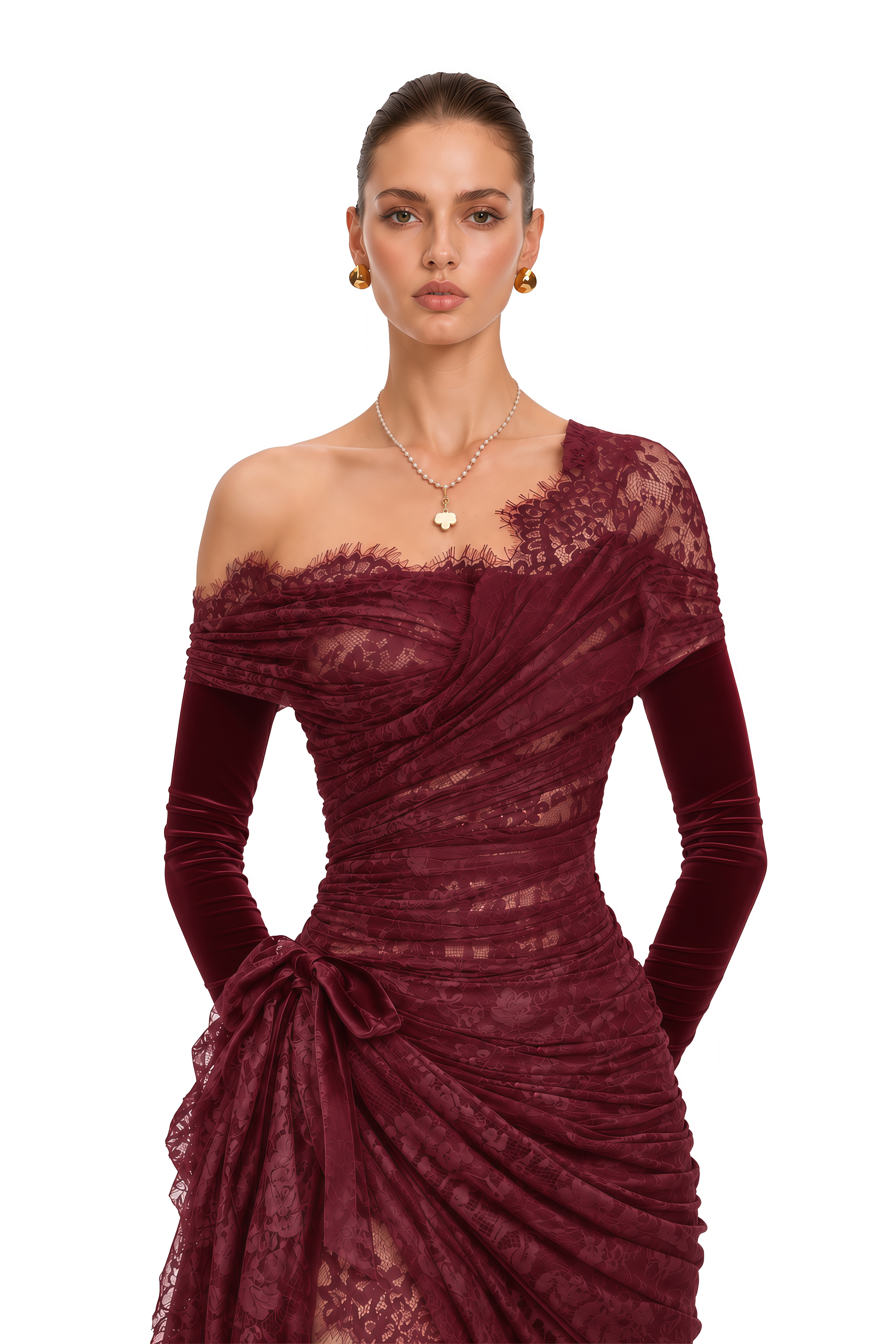 Dolores Burgundy Lace Draped One Shoulder Maxi Dress