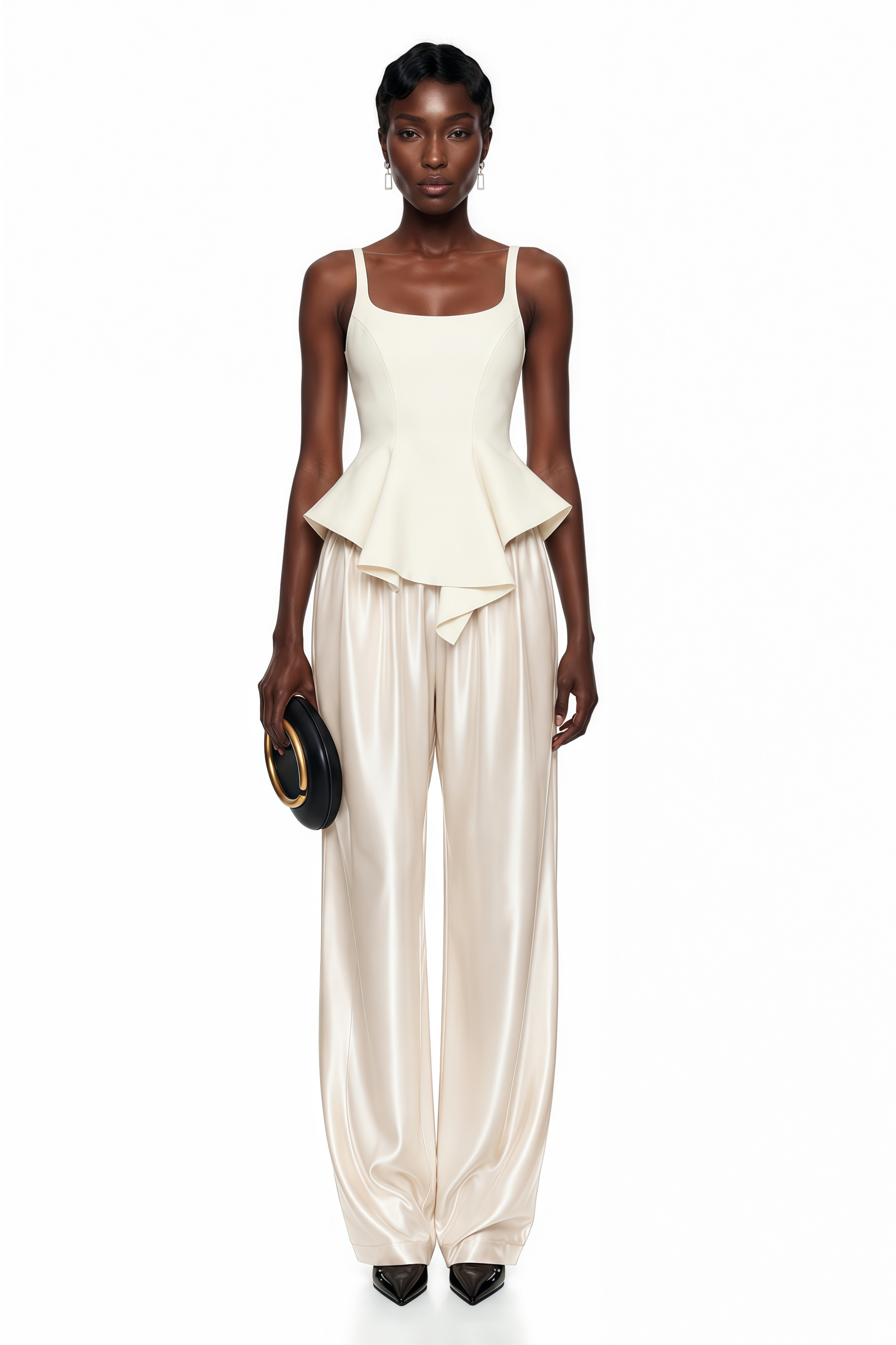 Cream two-piece set featuring a scoop-neck peplum top with an asymmetric hem and satin wide-leg trousers