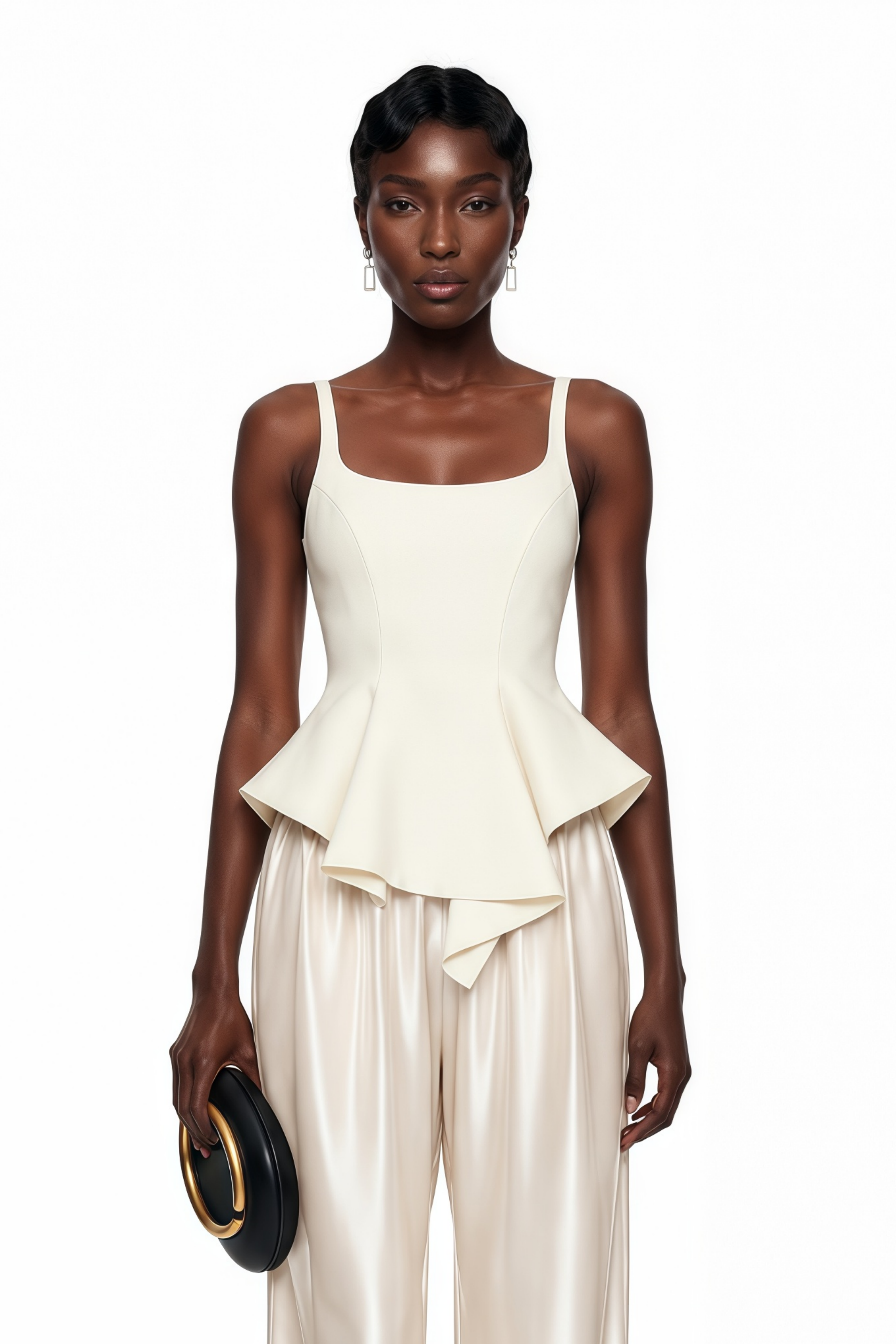 Cream two-piece set featuring a scoop-neck peplum top with an asymmetric hem and satin wide-leg trousers