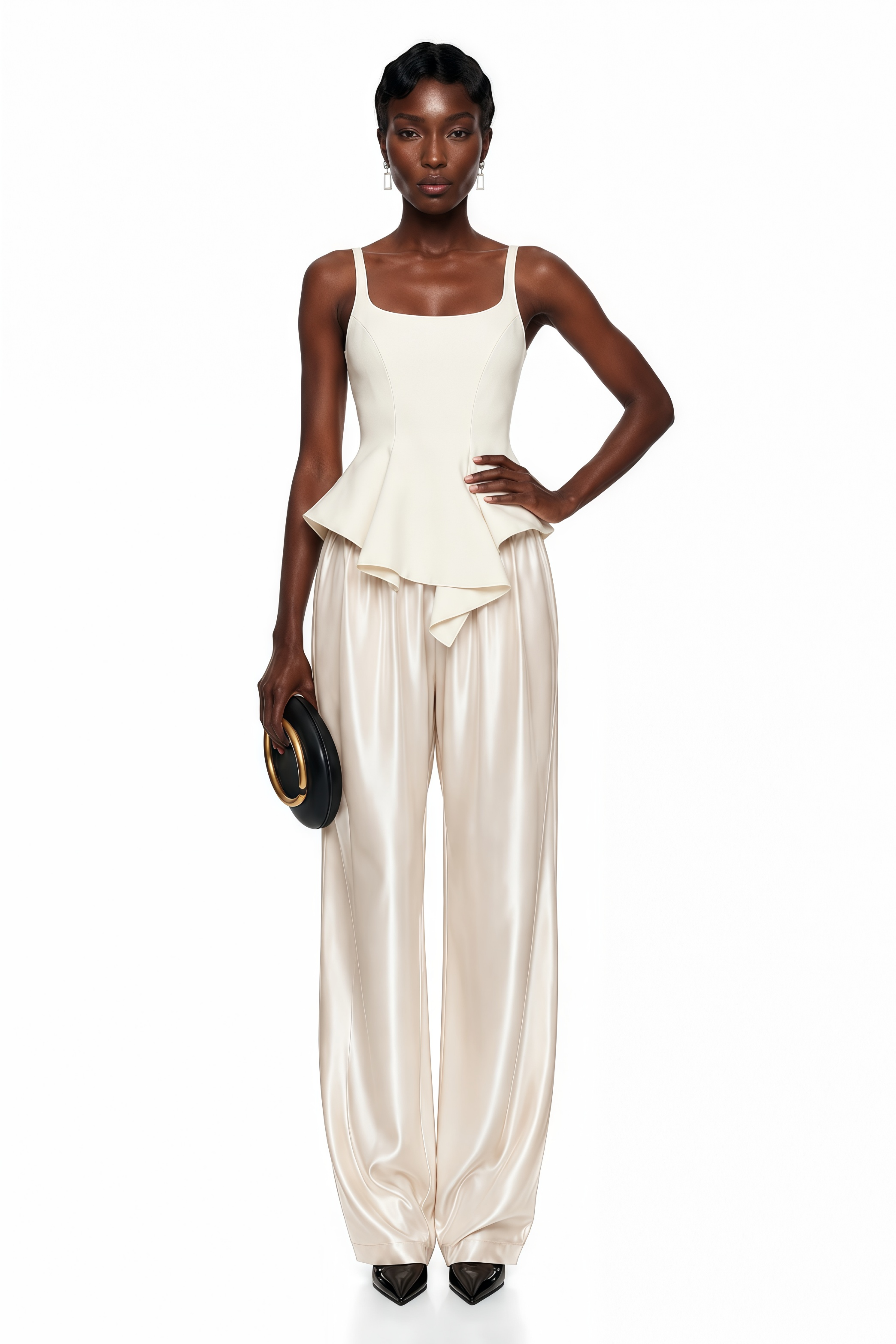 Cream two-piece set featuring a scoop-neck peplum top with an asymmetric hem and satin wide-leg trousers