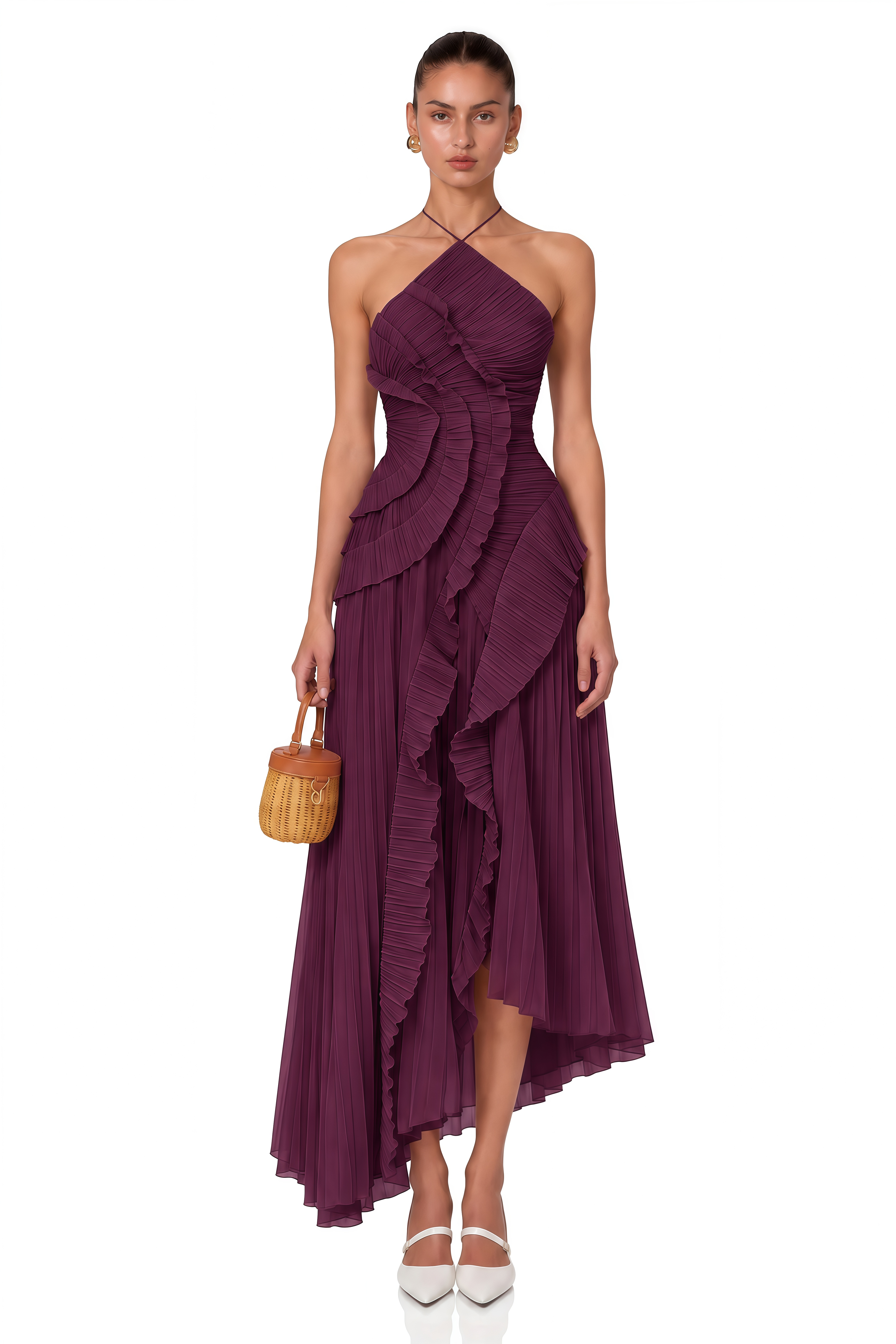 Doux Dark Purple Ruffled Trim Pleated Midi Dress