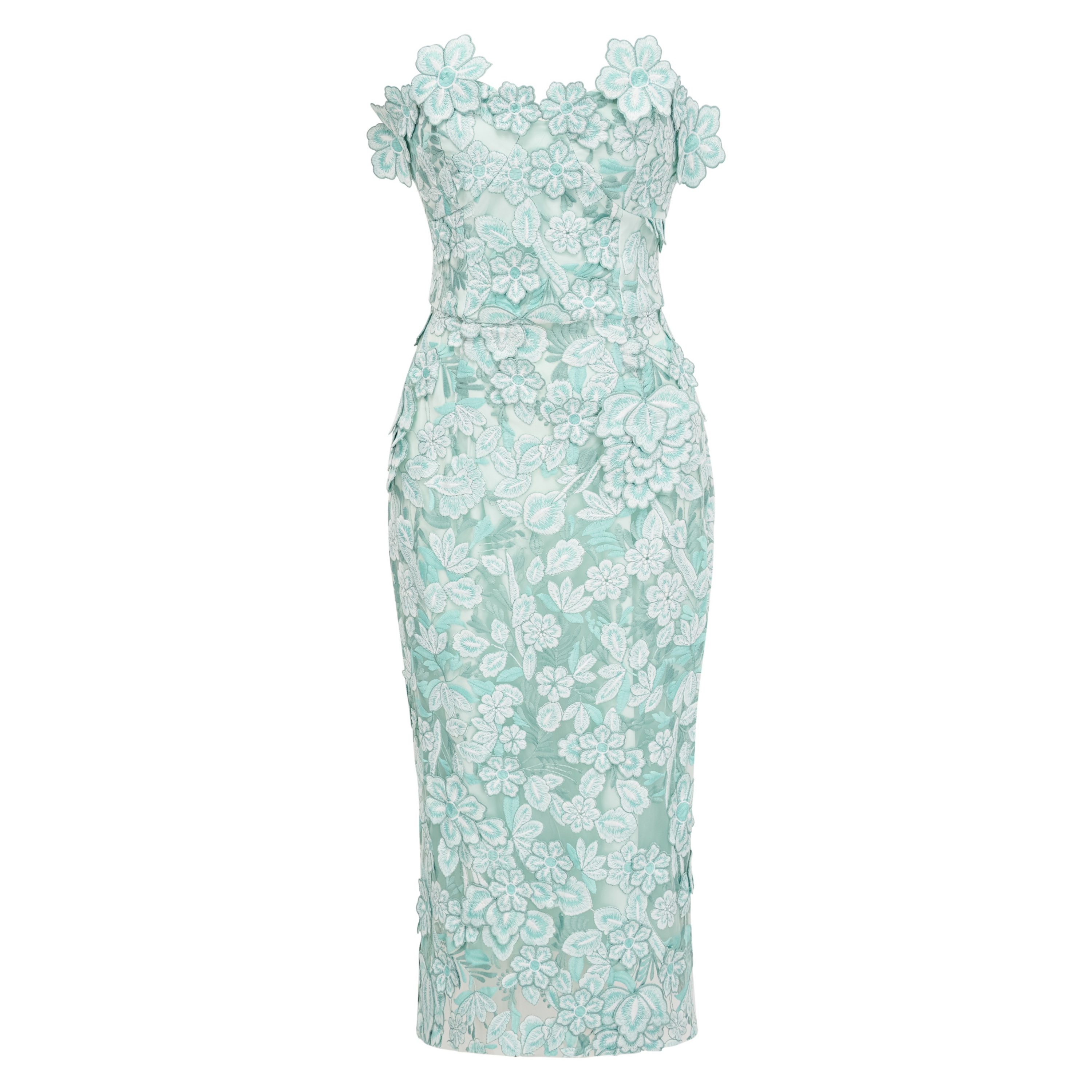 Duygu Green Off Shoulder Midi Dress with 3D Florals
