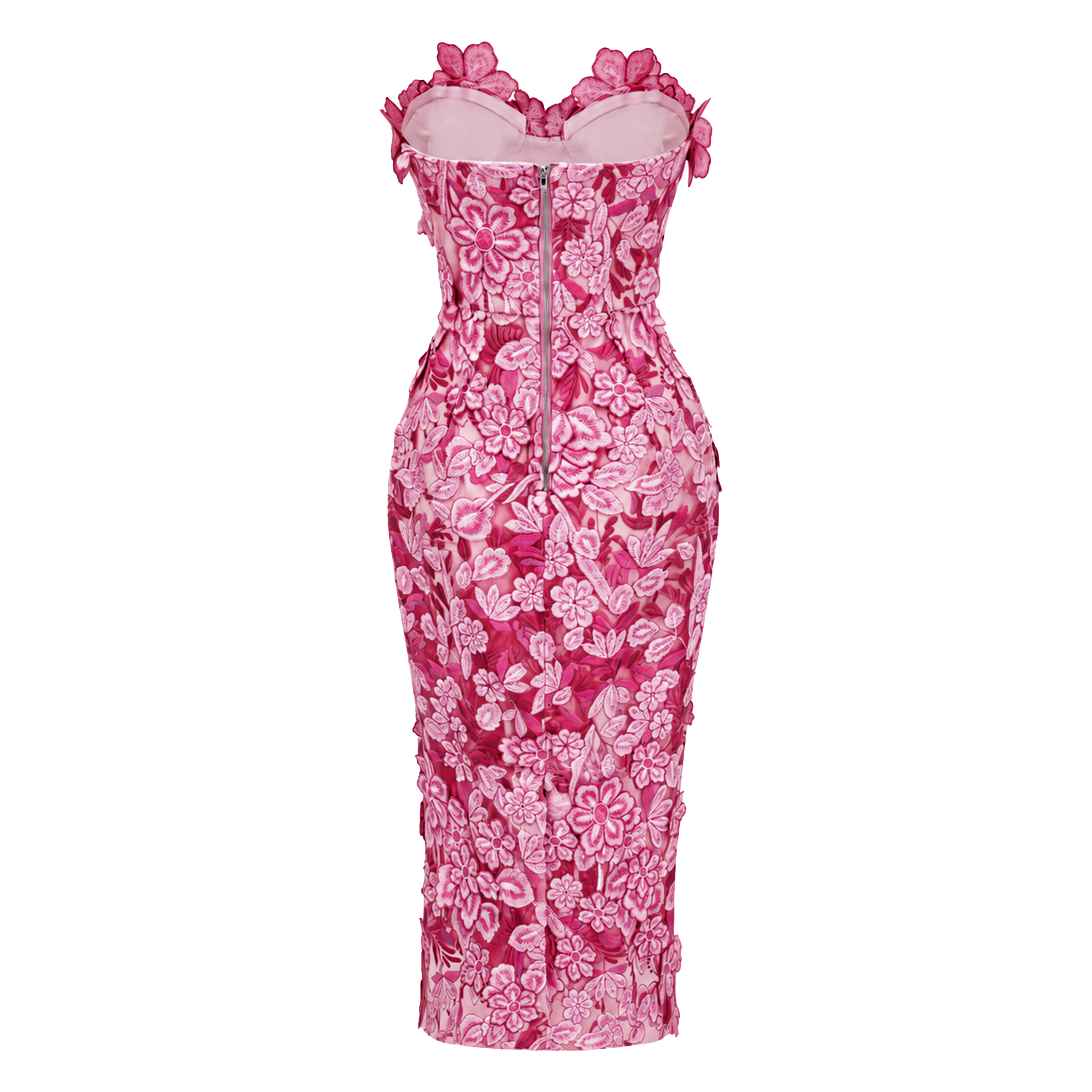 Duygu Pink Off Shoulder Midi Dress with 3D Florals
