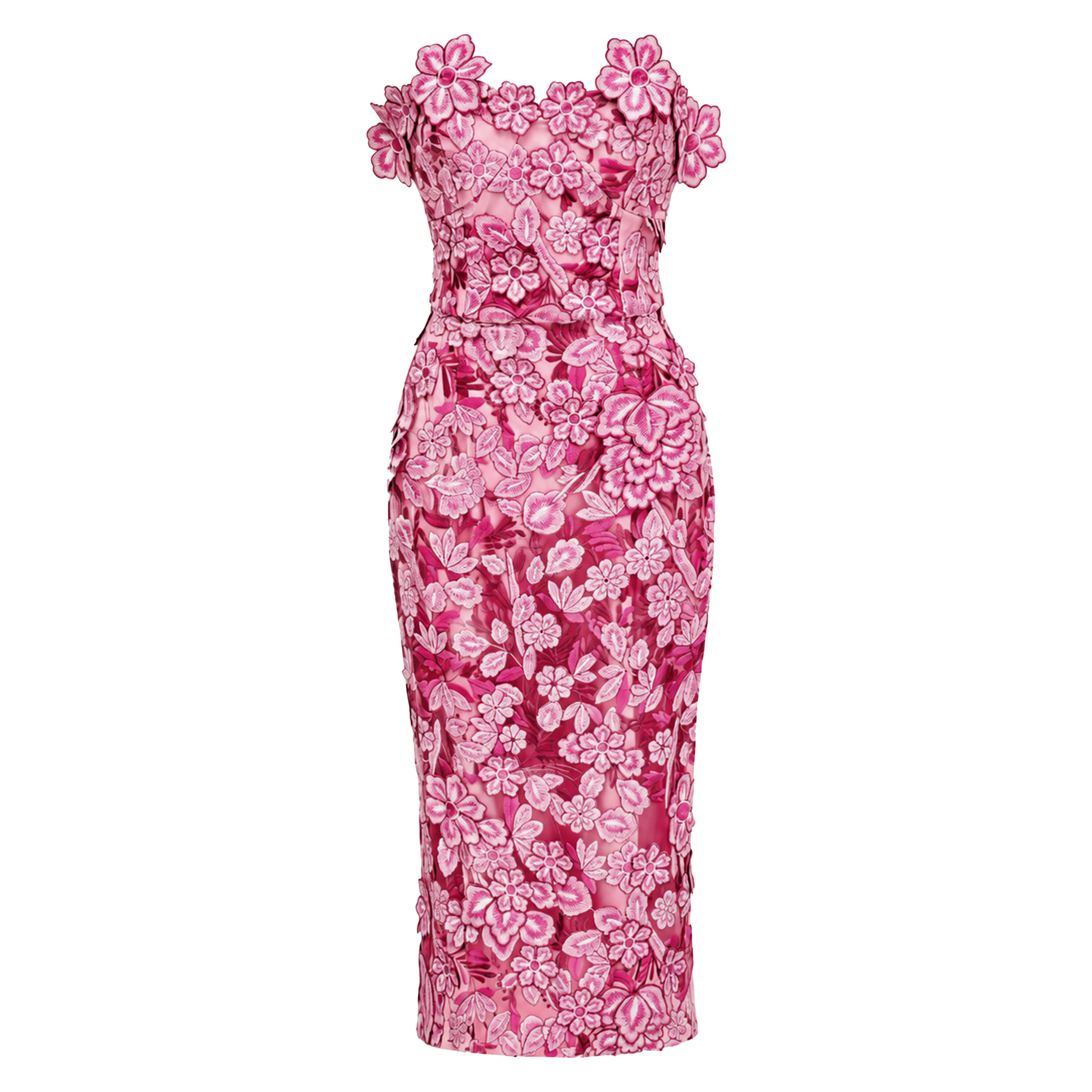 Duygu Pink Off Shoulder Midi Dress with 3D Florals