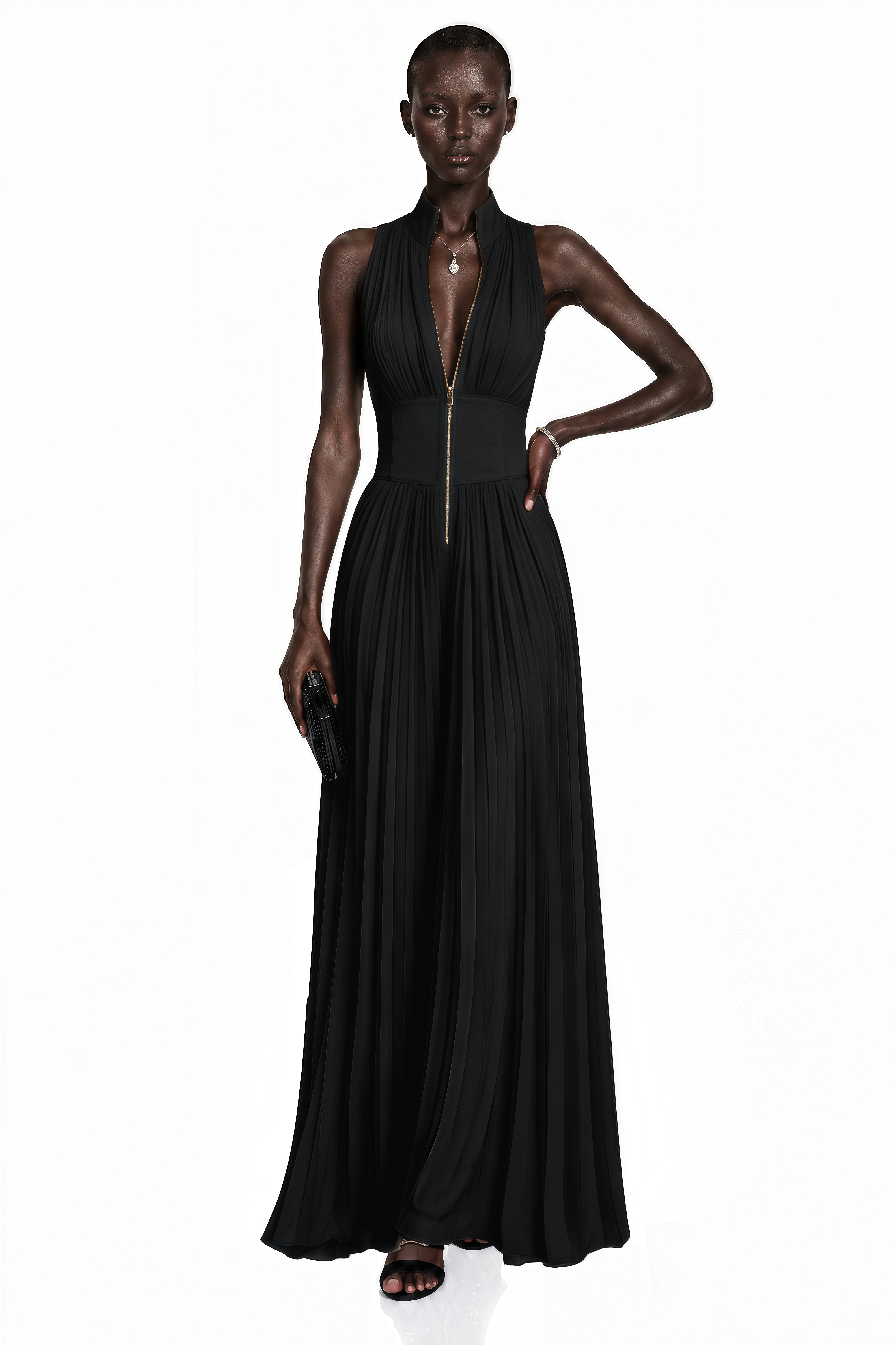 Black pleated wide-leg jumpsuit with a front zipper and wide waistband