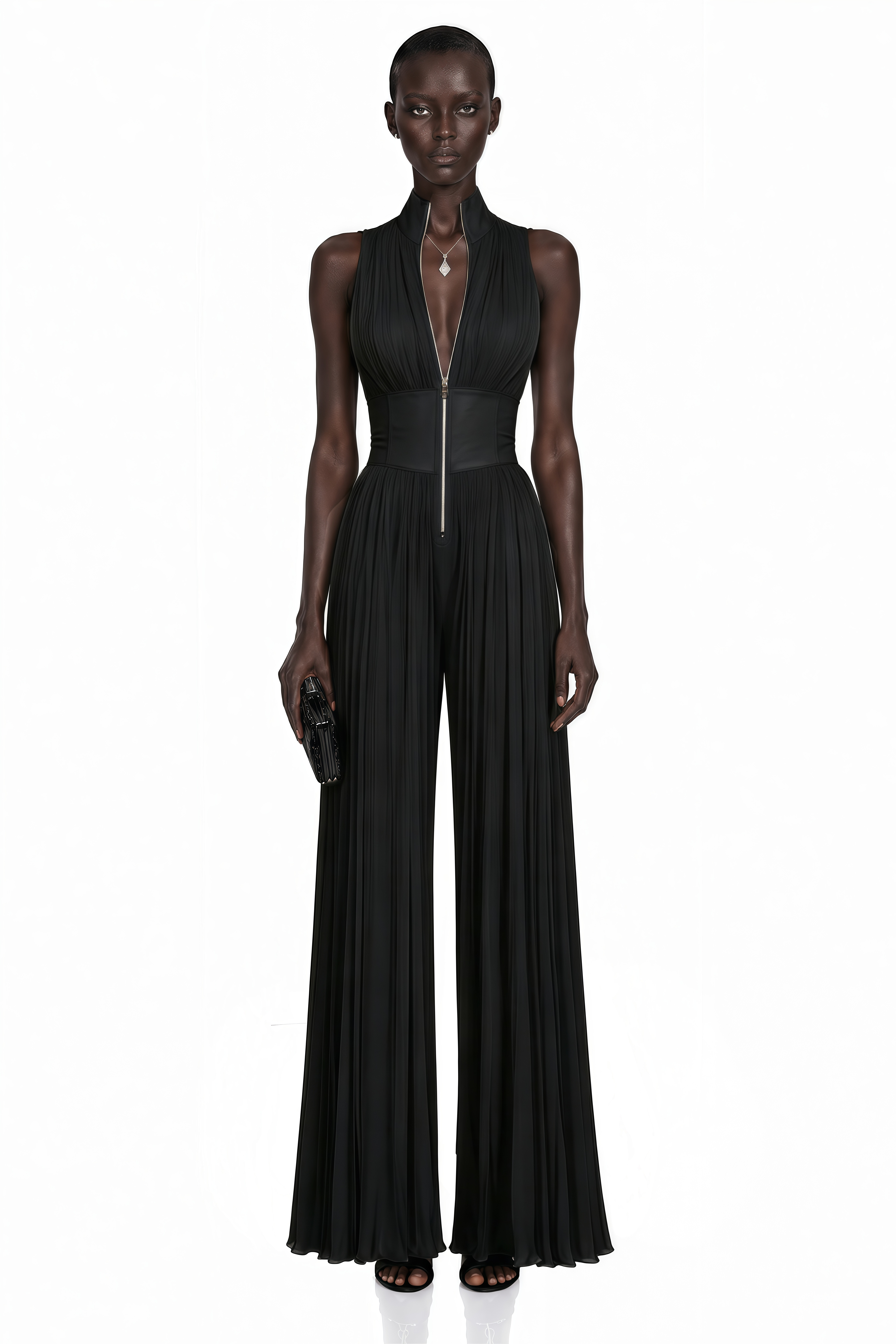 Black pleated wide-leg jumpsuit with a front zipper and wide waistband