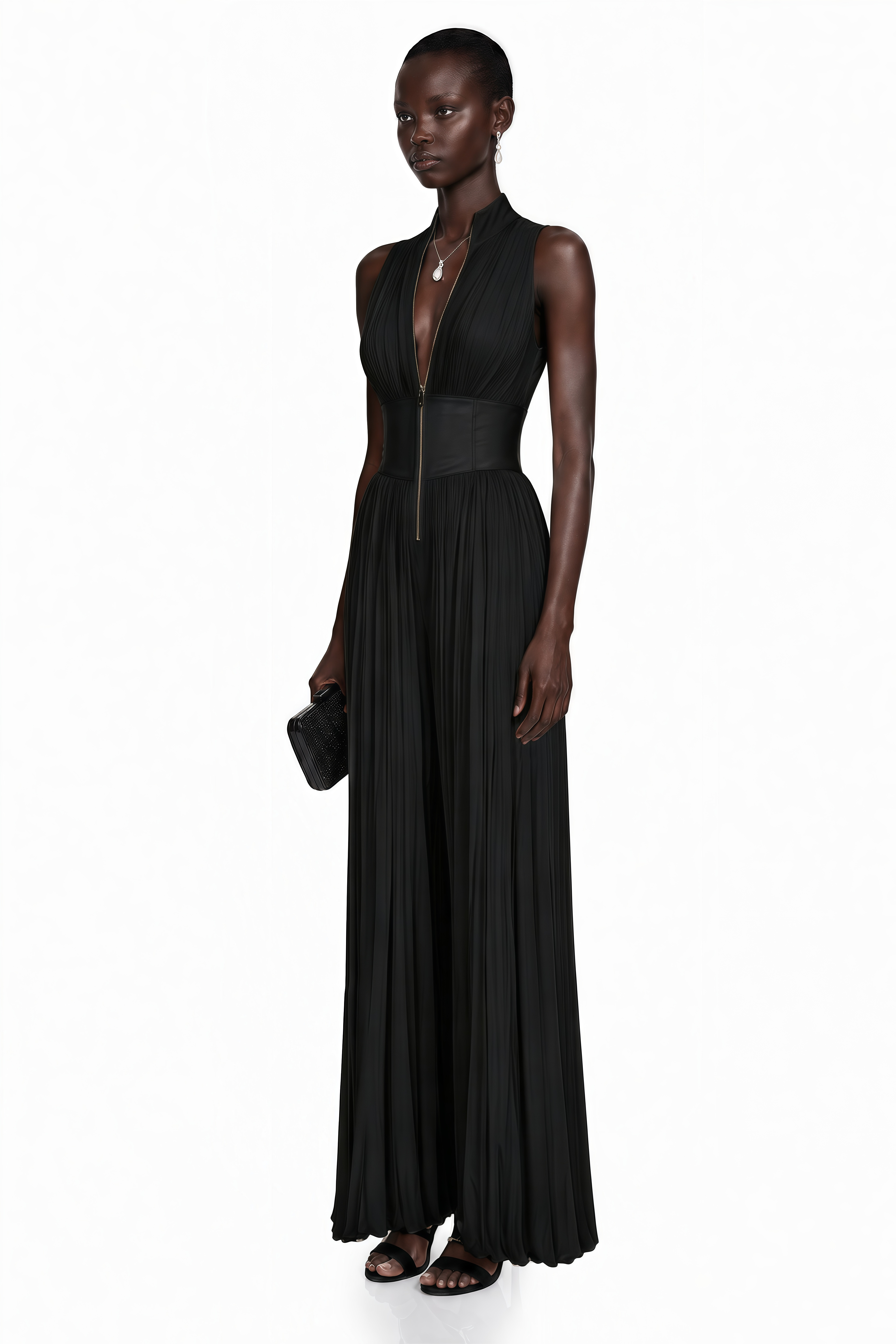Black pleated wide-leg jumpsuit with a front zipper and wide waistband
