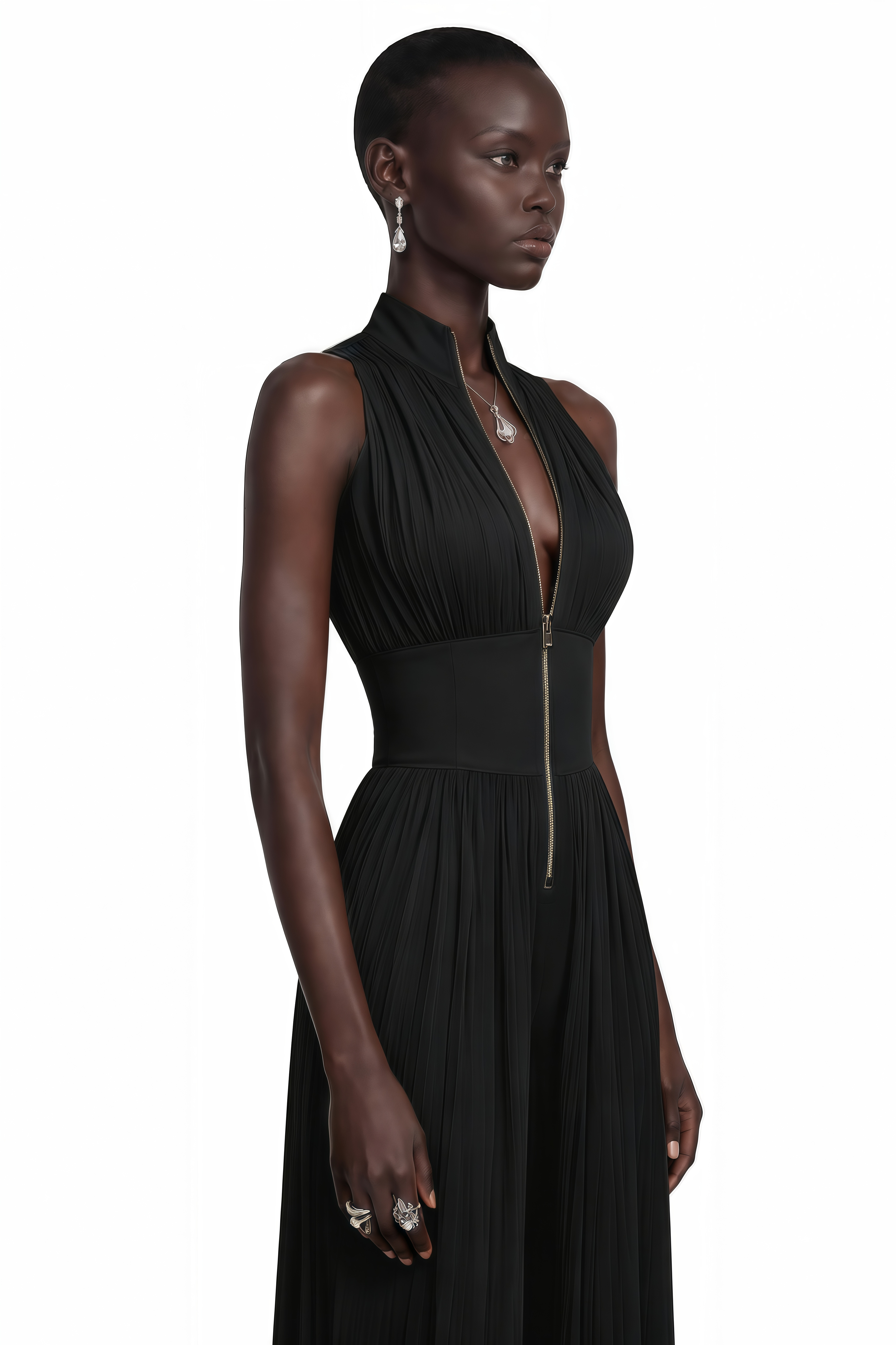 Black pleated wide-leg jumpsuit with a front zipper and wide waistband