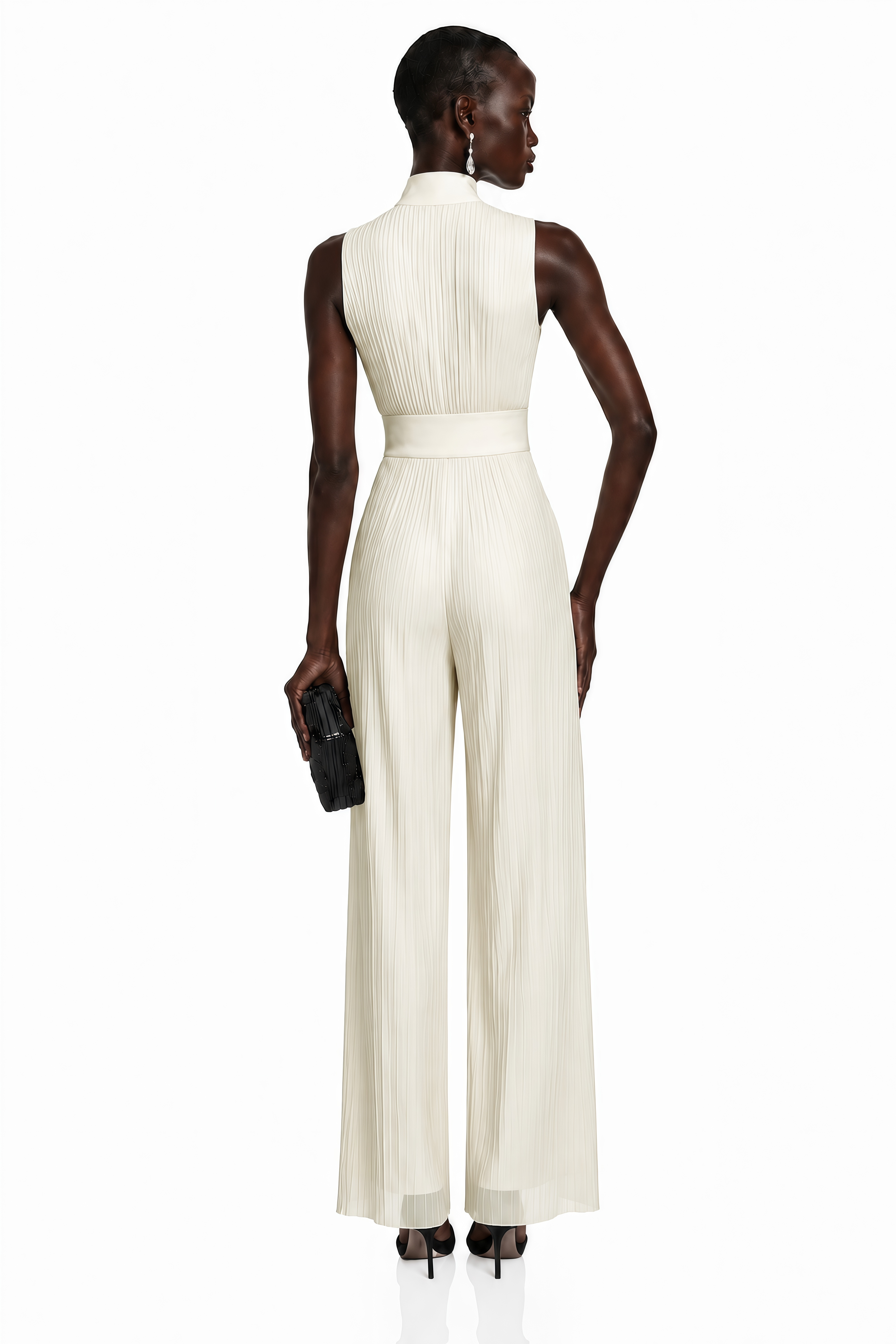 Emerald green satin maxi dress with a wrapped halter neckline, cutout bodice, and a high front slit