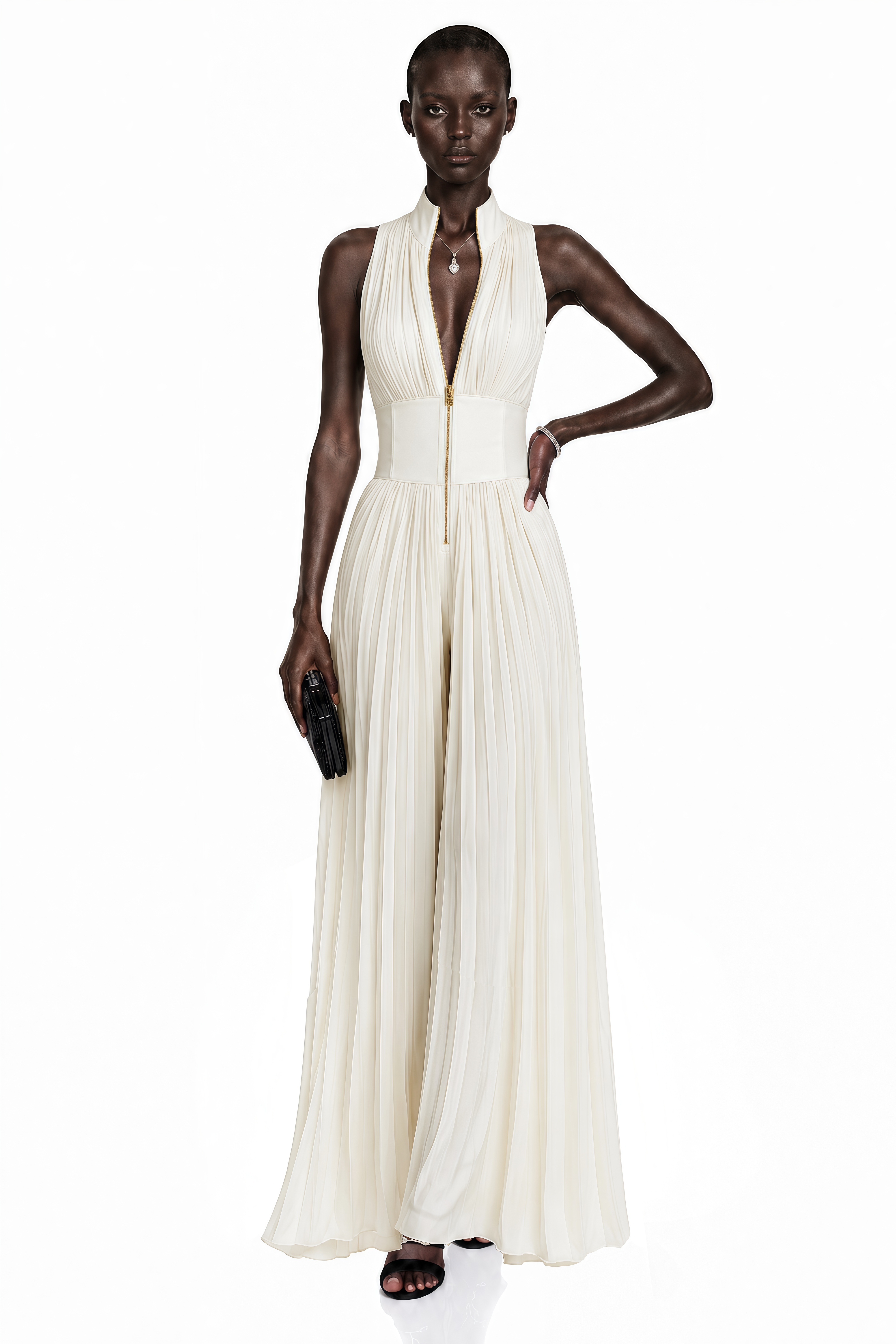 Emerald green satin maxi dress with a wrapped halter neckline, cutout bodice, and a high front slit