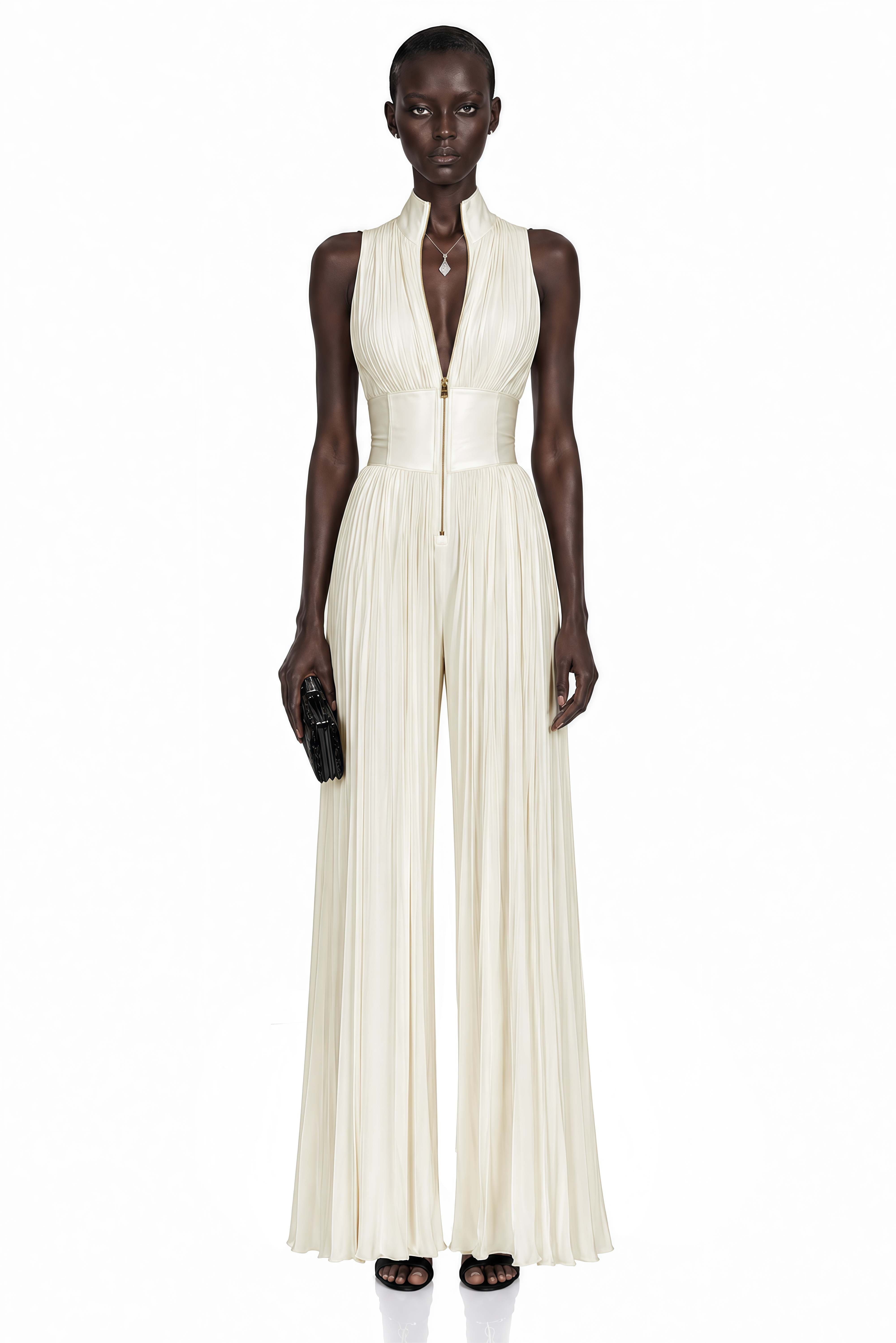 Emerald green satin maxi dress with a wrapped halter neckline, cutout bodice, and a high front slit