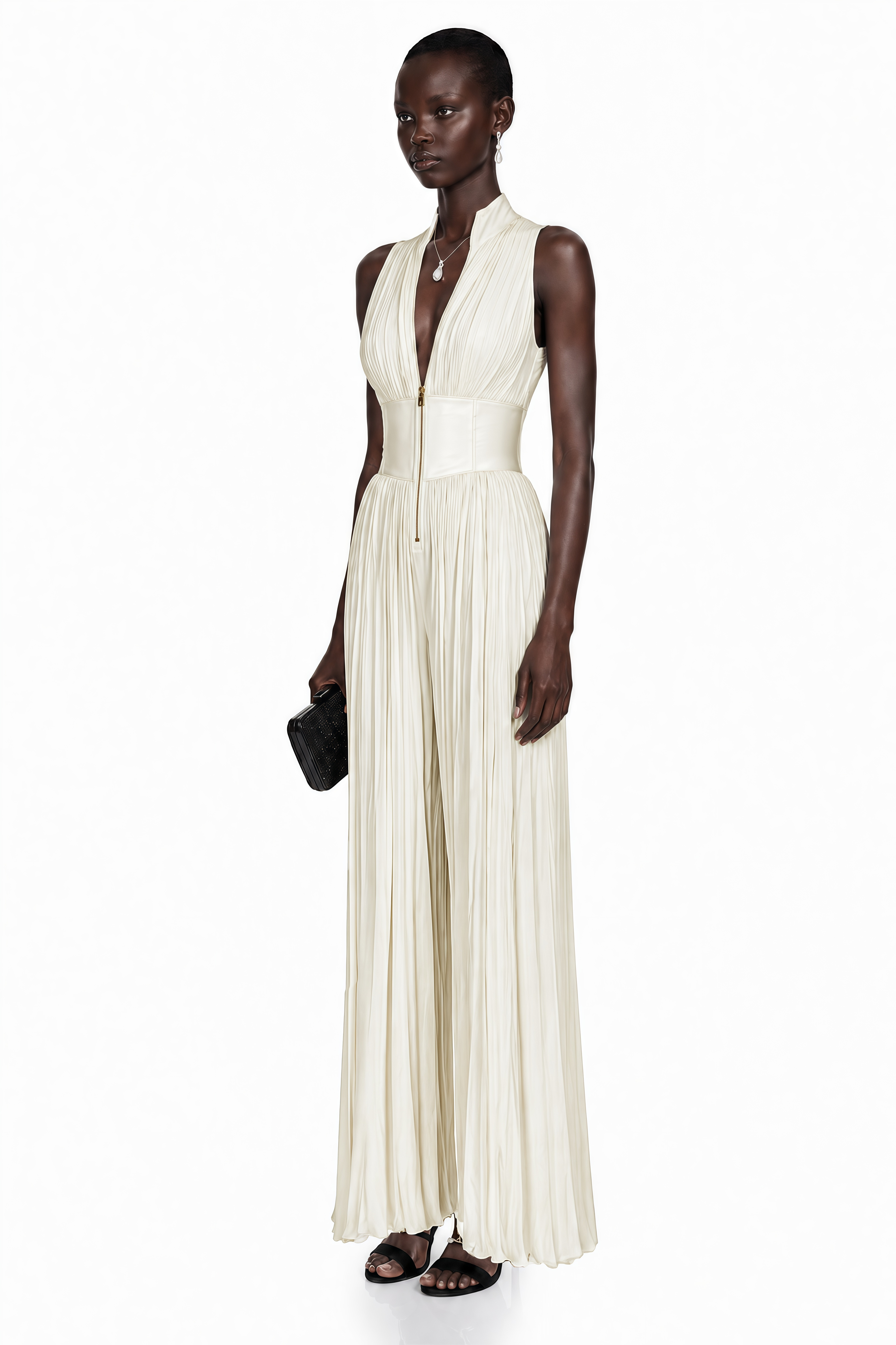 Emerald green satin maxi dress with a wrapped halter neckline, cutout bodice, and a high front slit