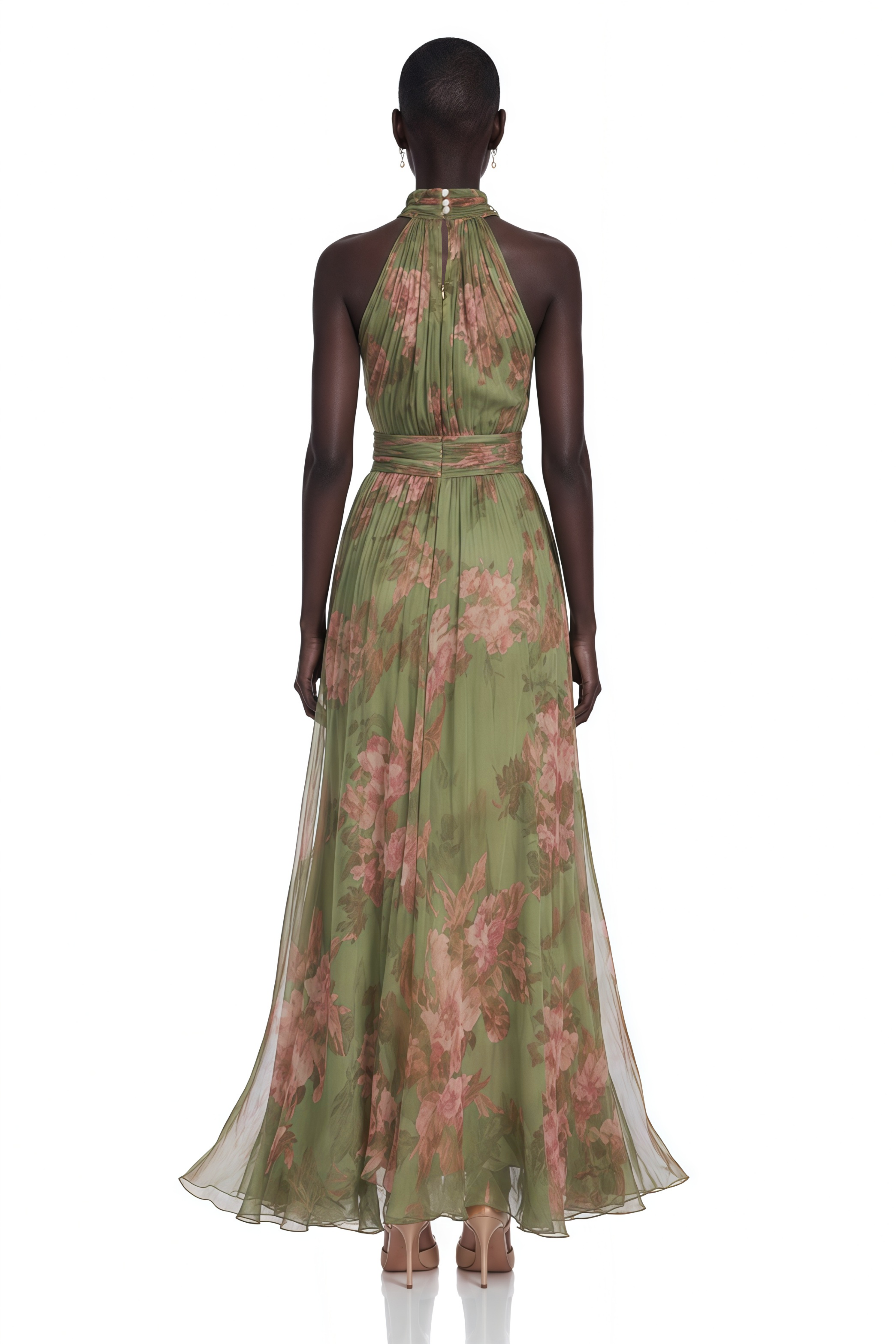 Green halter-neck maxi dress with a pink floral print