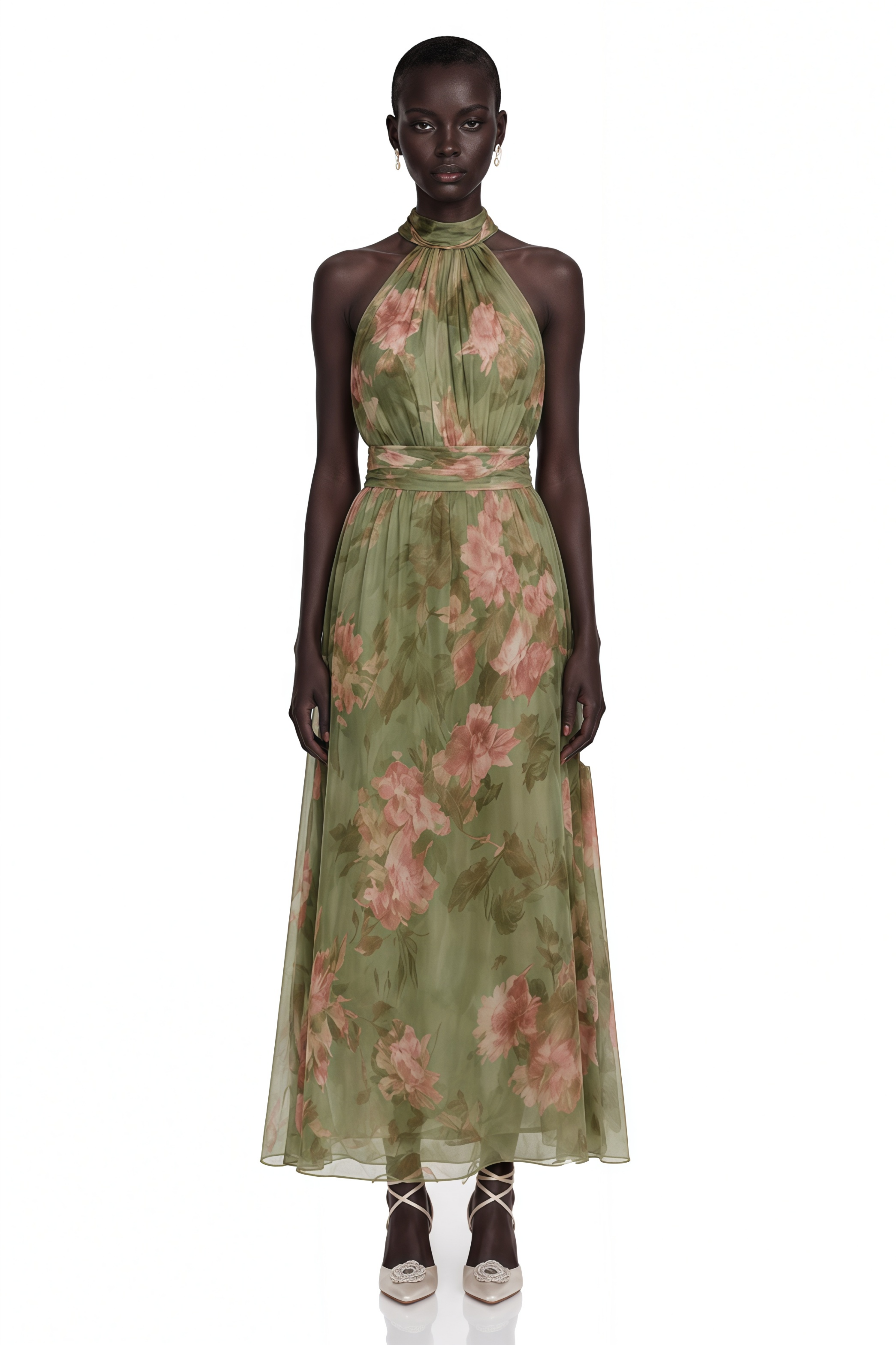 Green halter-neck maxi dress with a pink floral print