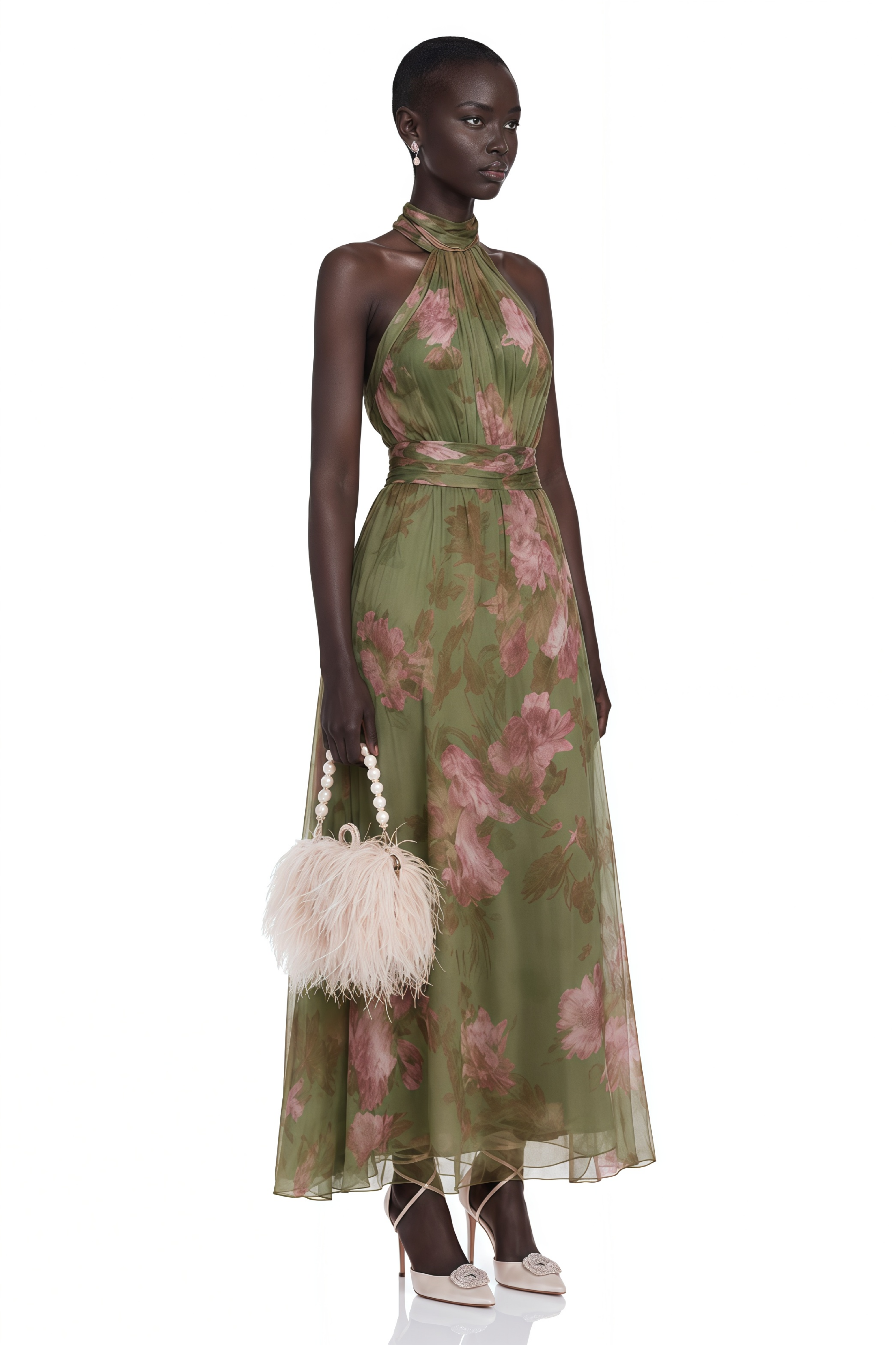 Green halter-neck maxi dress with a pink floral print