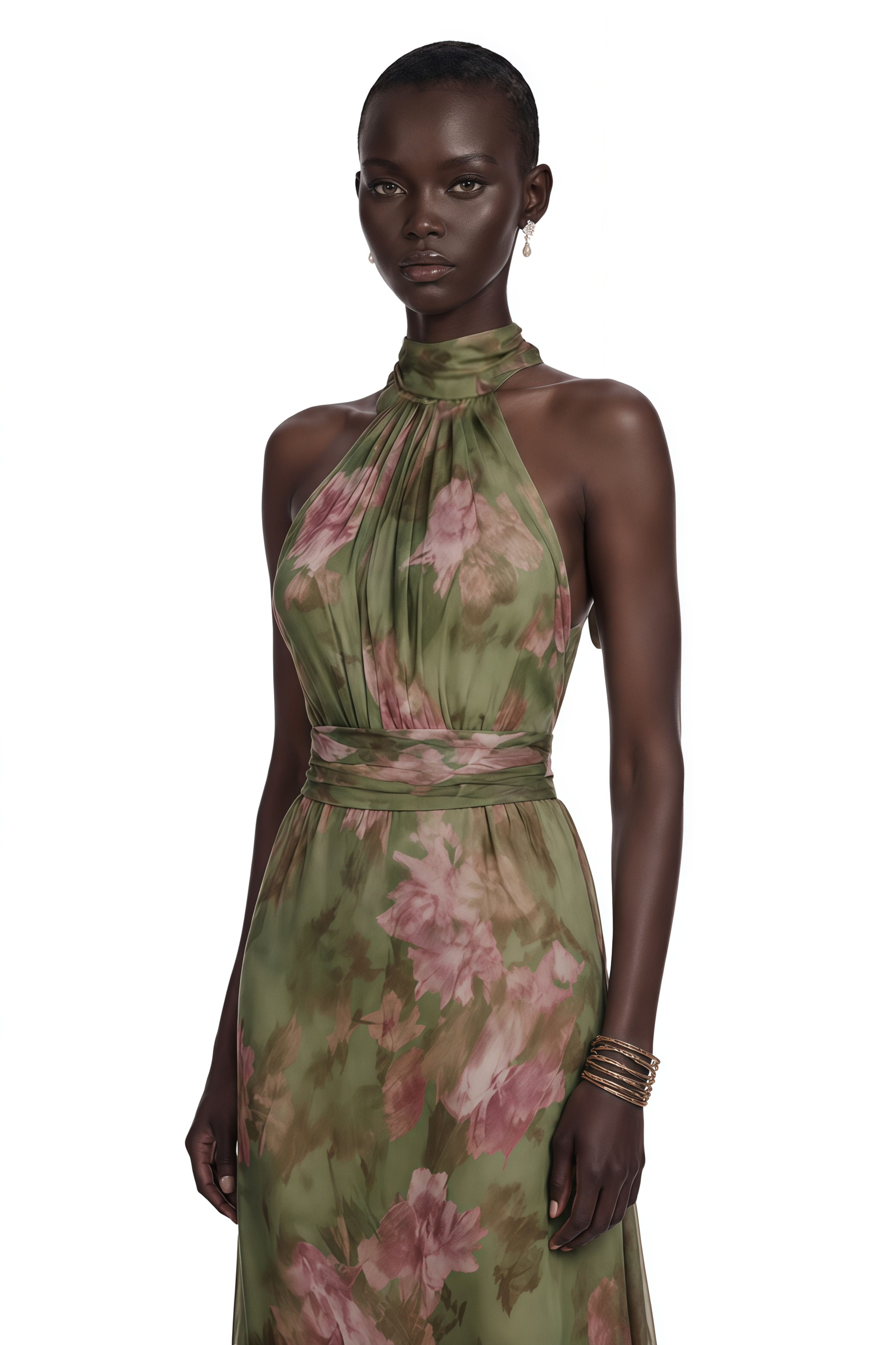 Green halter-neck maxi dress with a pink floral print