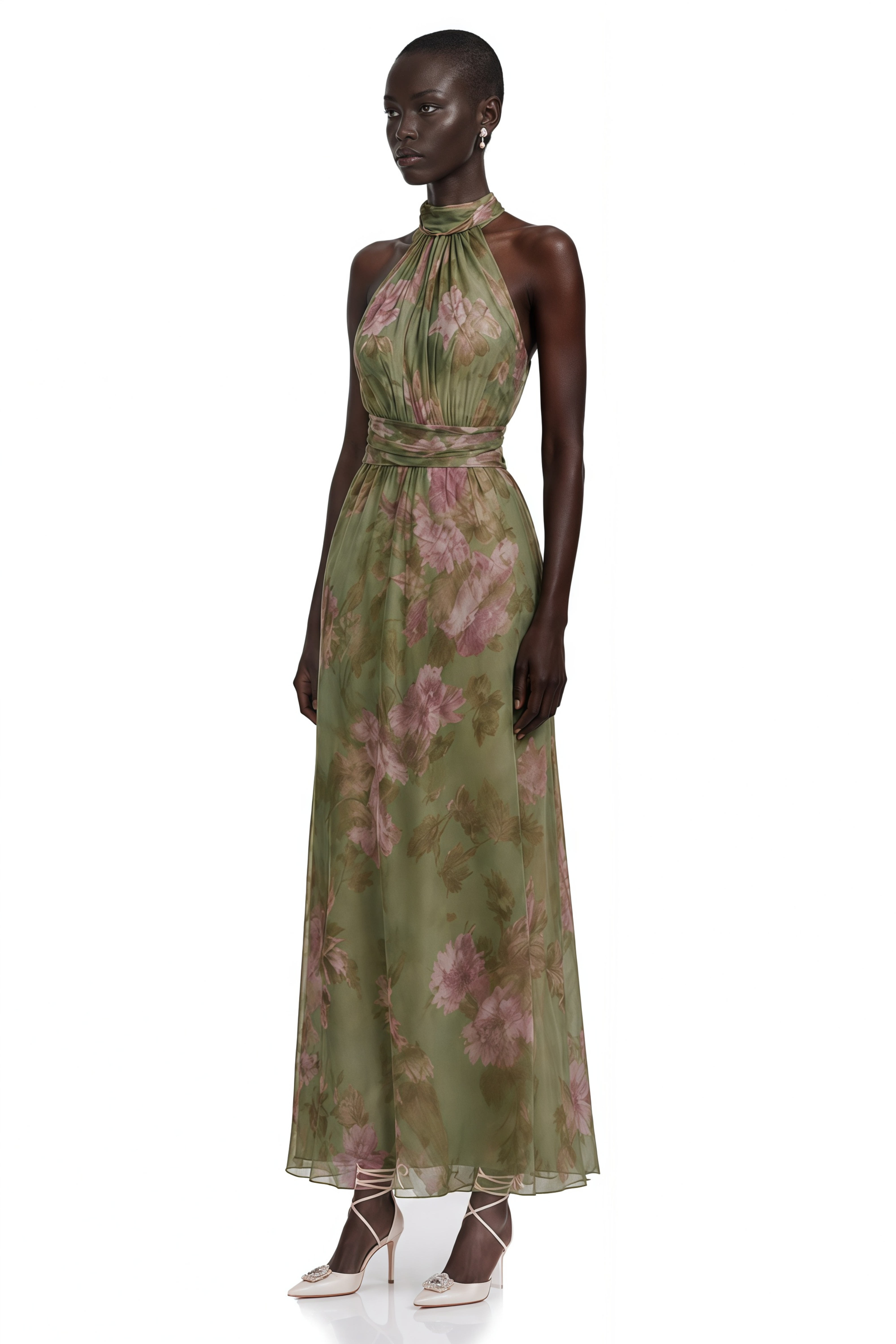 Green halter-neck maxi dress with a pink floral print