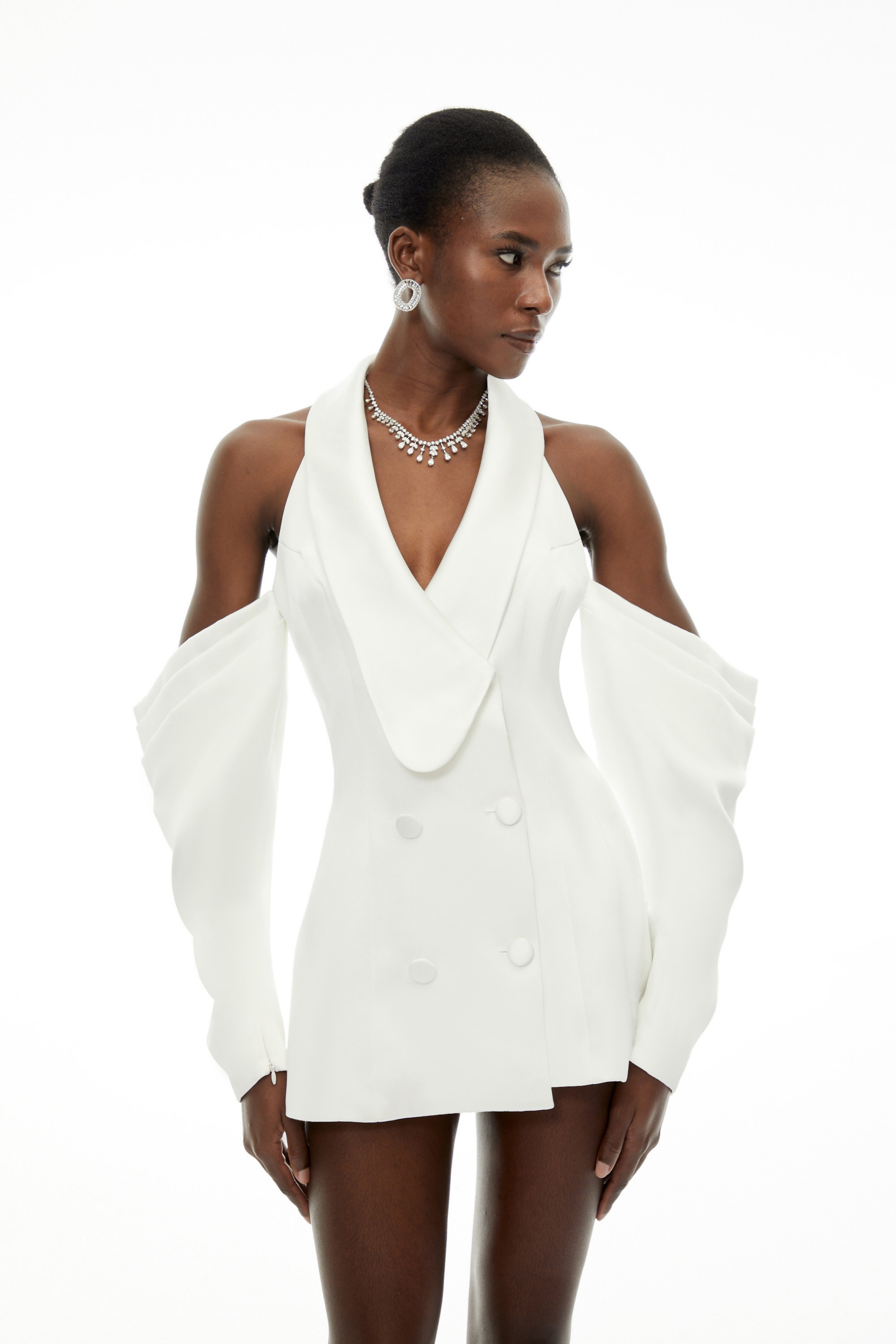 White satin halter mini blazer dress with a double-breasted front and detached off-the-shoulder statement sleeves