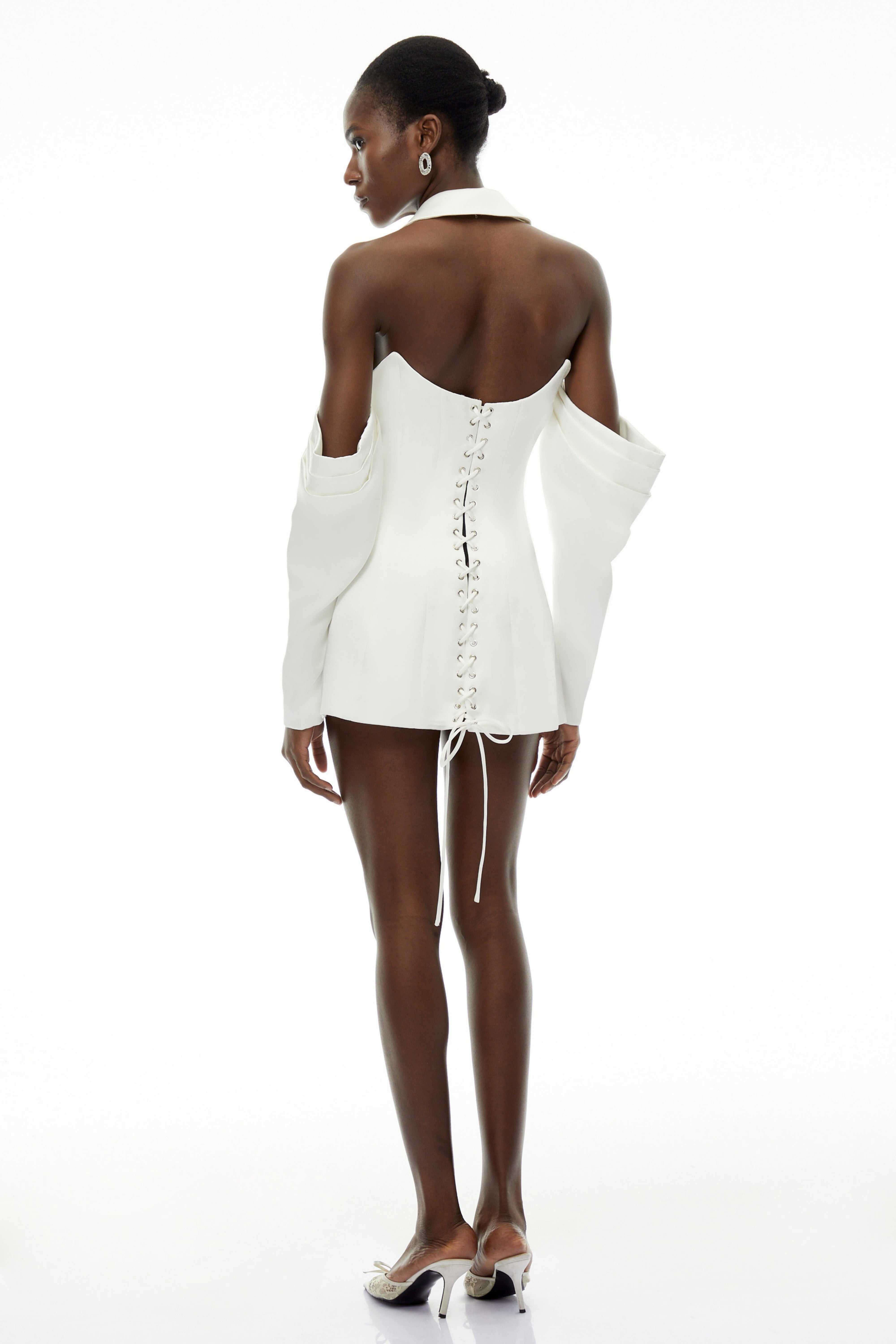 White satin halter mini blazer dress with a double-breasted front and detached off-the-shoulder statement sleeves