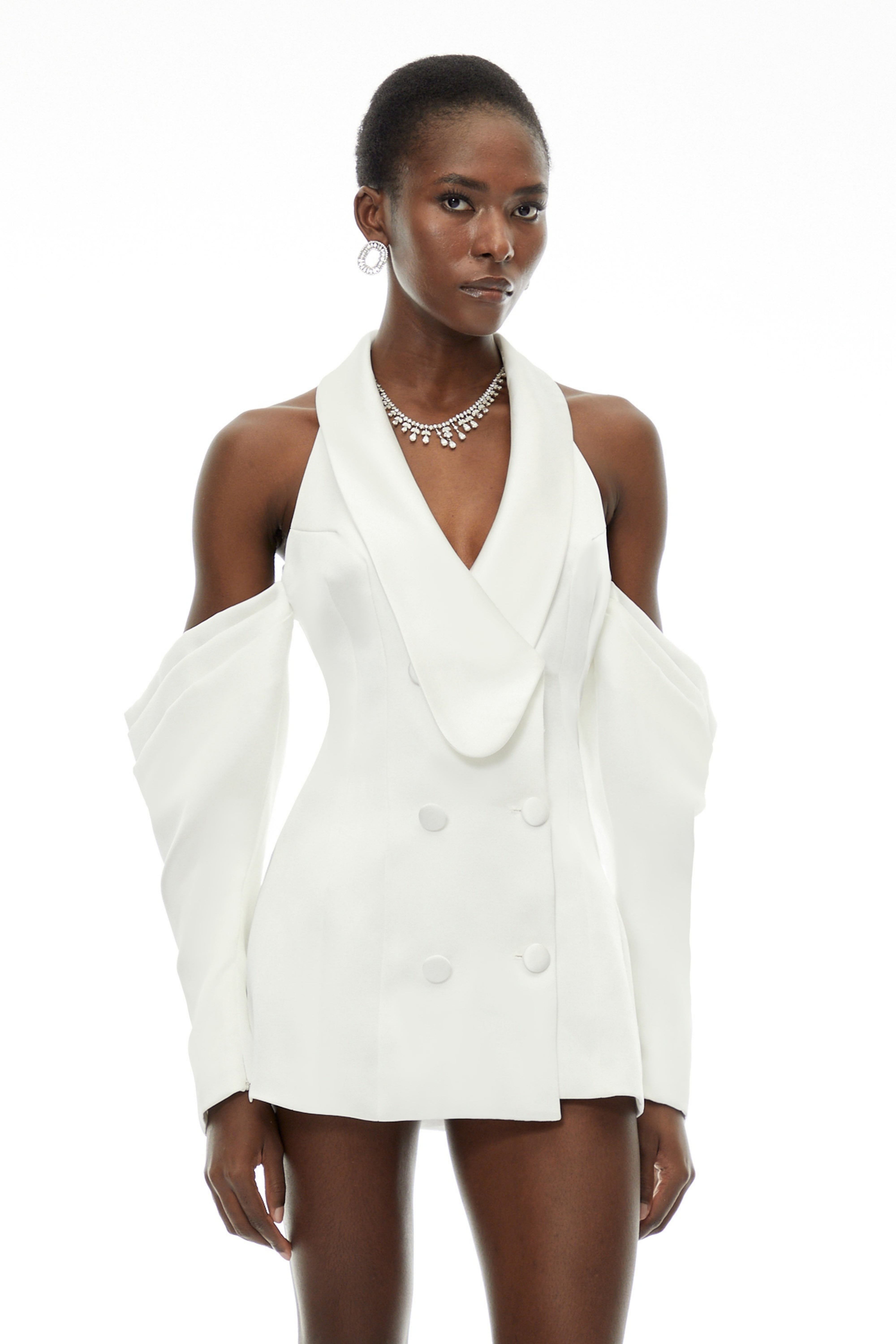 White satin halter mini blazer dress with a double-breasted front and detached off-the-shoulder statement sleeves