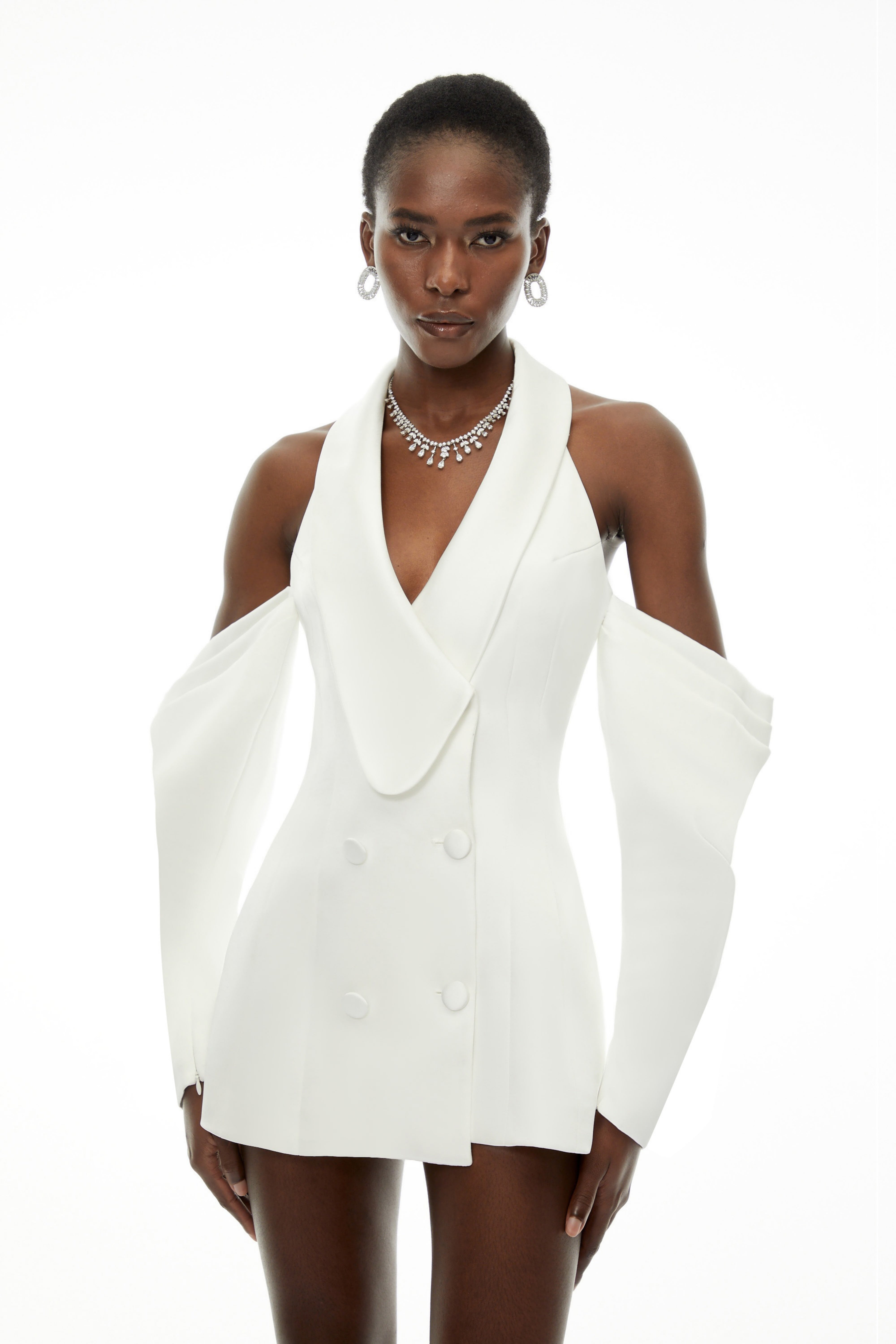 White satin halter mini blazer dress with a double-breasted front and detached off-the-shoulder statement sleeves