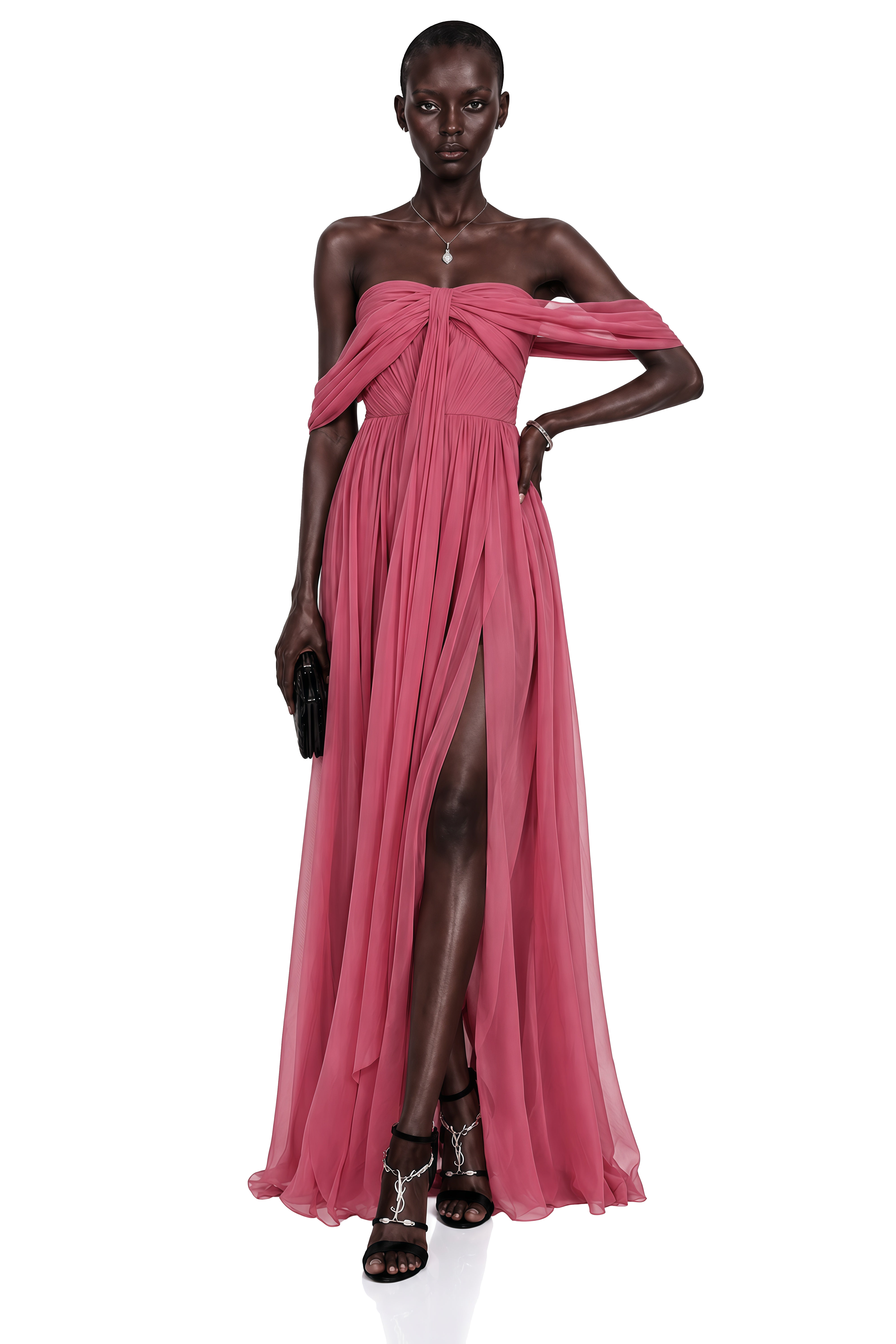 Ecrin Pink Off Shoulder Cross Front Maxi Dress