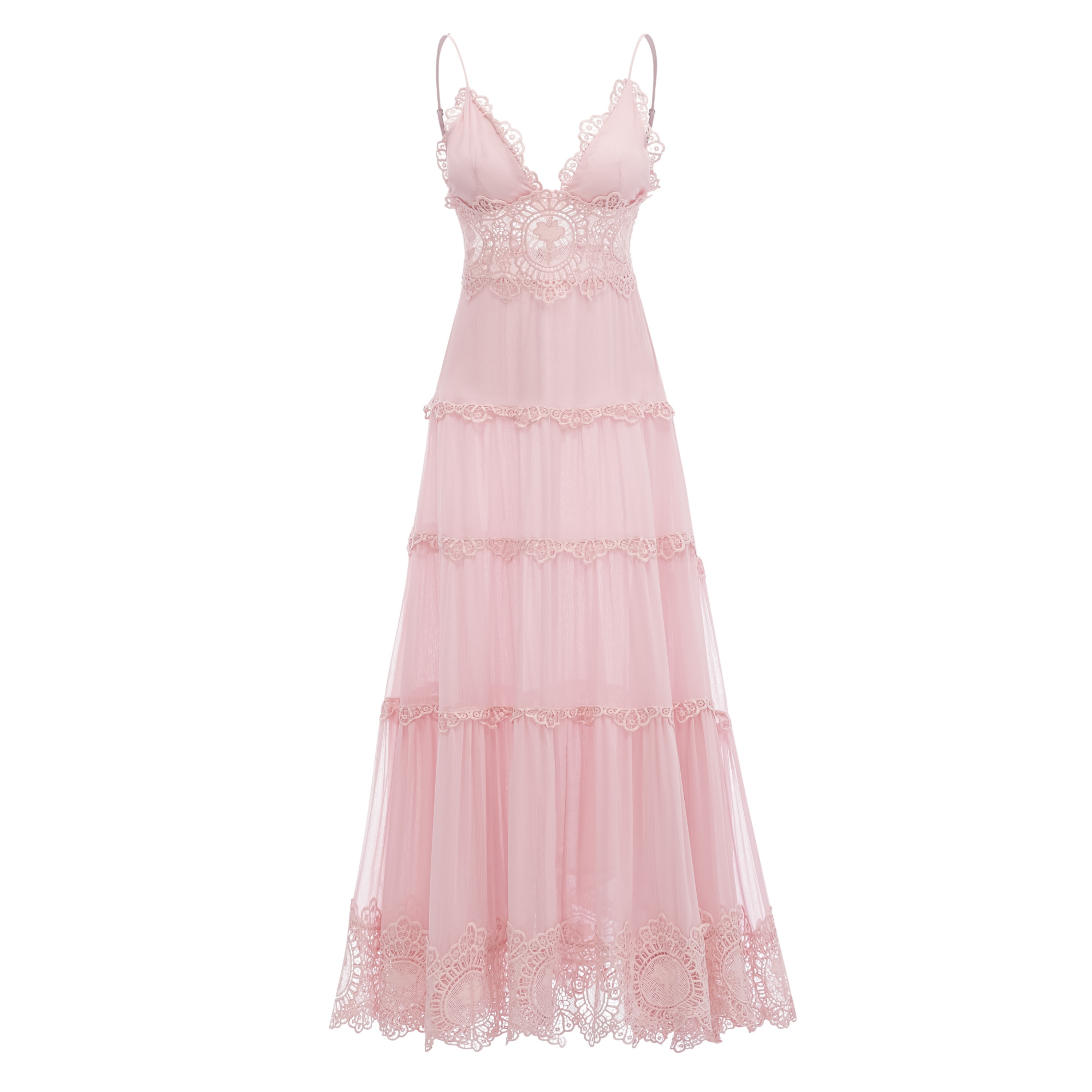 Ecrin Pink Tiered Midi Dress with Lace Panels