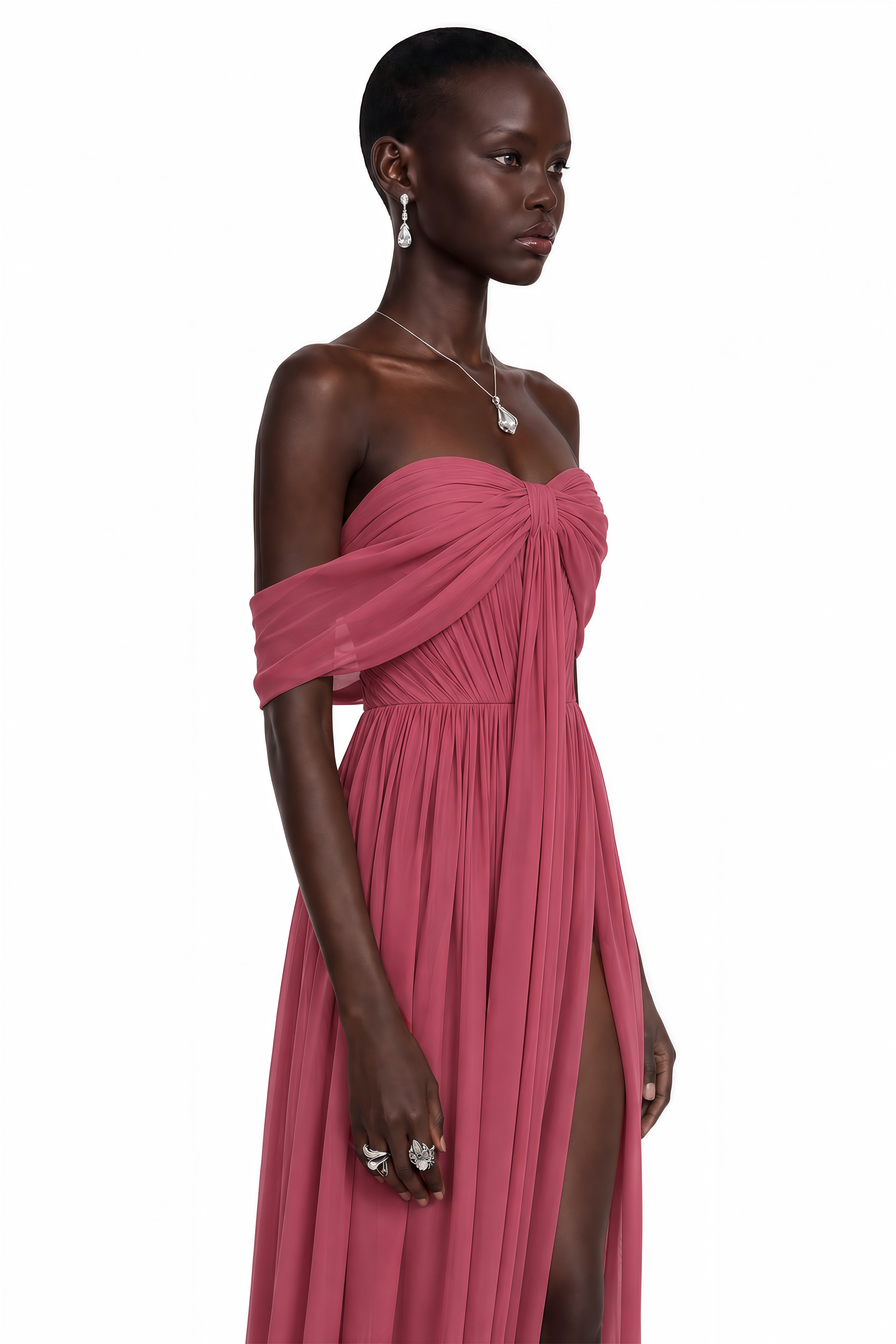 Pink off-the-shoulder chiffon maxi dress with a draped bodice and a high leg slit