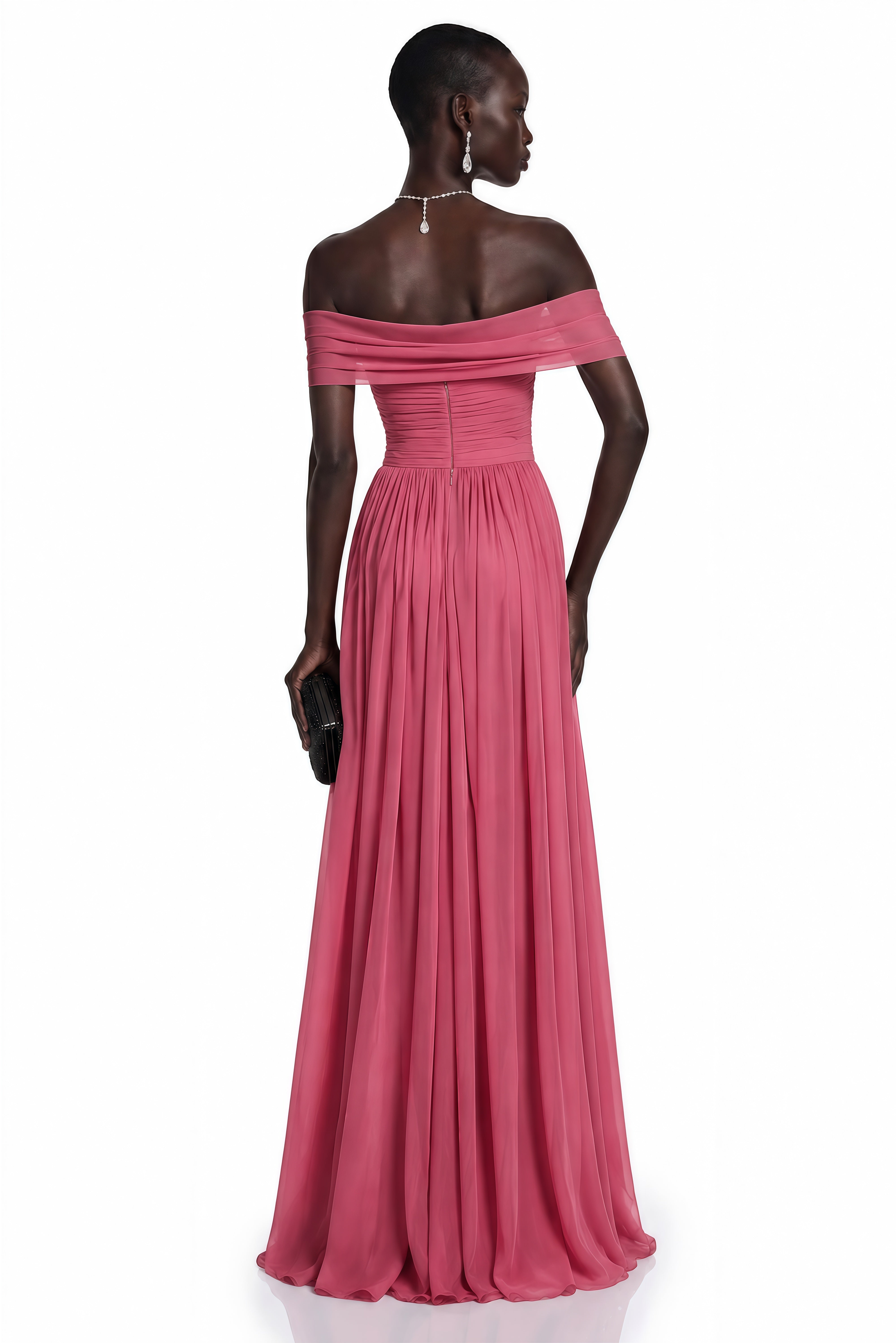 Pink off-the-shoulder chiffon maxi dress with a draped bodice and a high leg slit