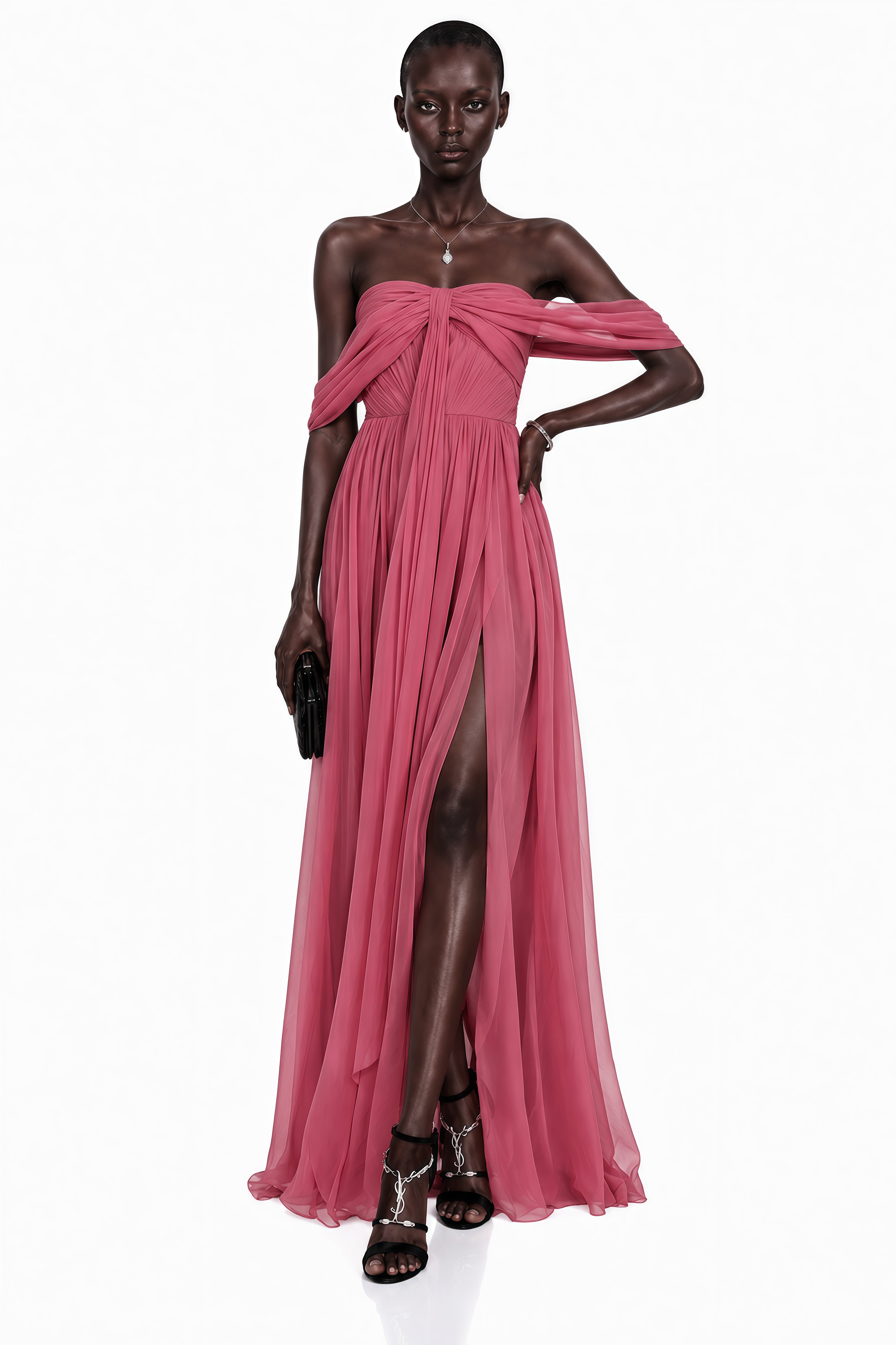 Pink off-the-shoulder chiffon maxi dress with a draped bodice and a high leg slit