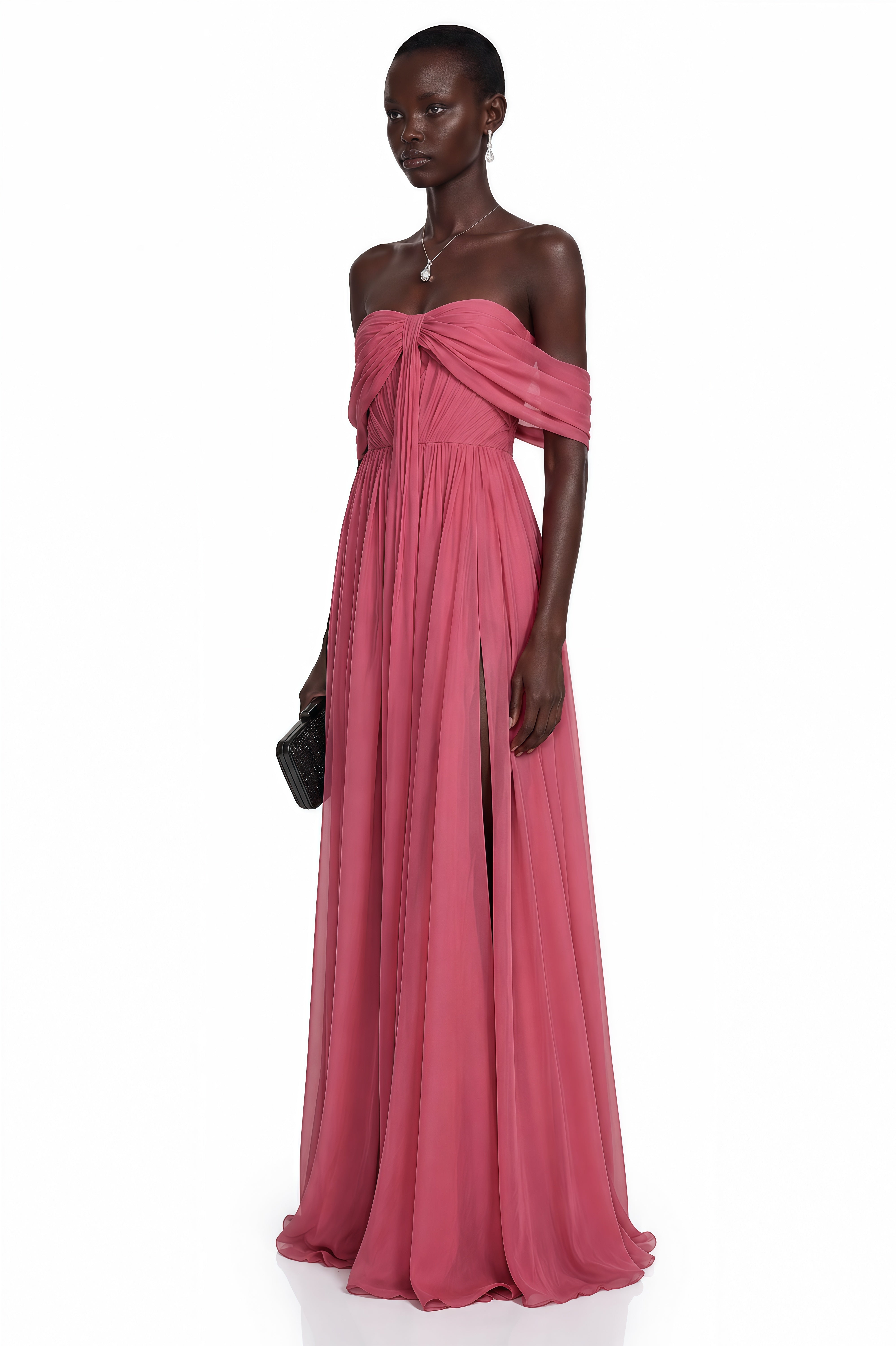 Pink off-the-shoulder chiffon maxi dress with a draped bodice and a high leg slit