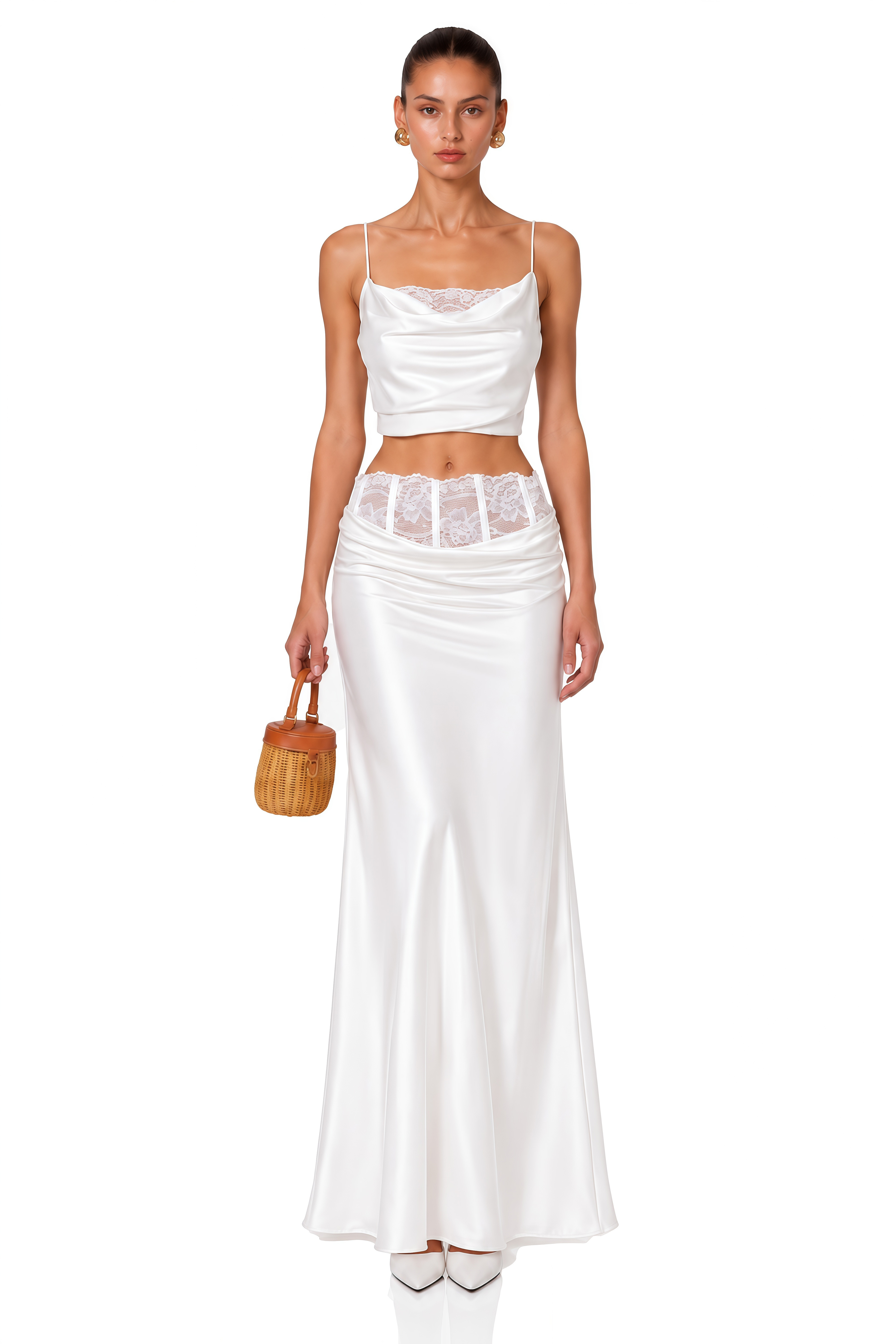 Eeva White Floral Lace Panel Crop Top & Maxi Skirt Set