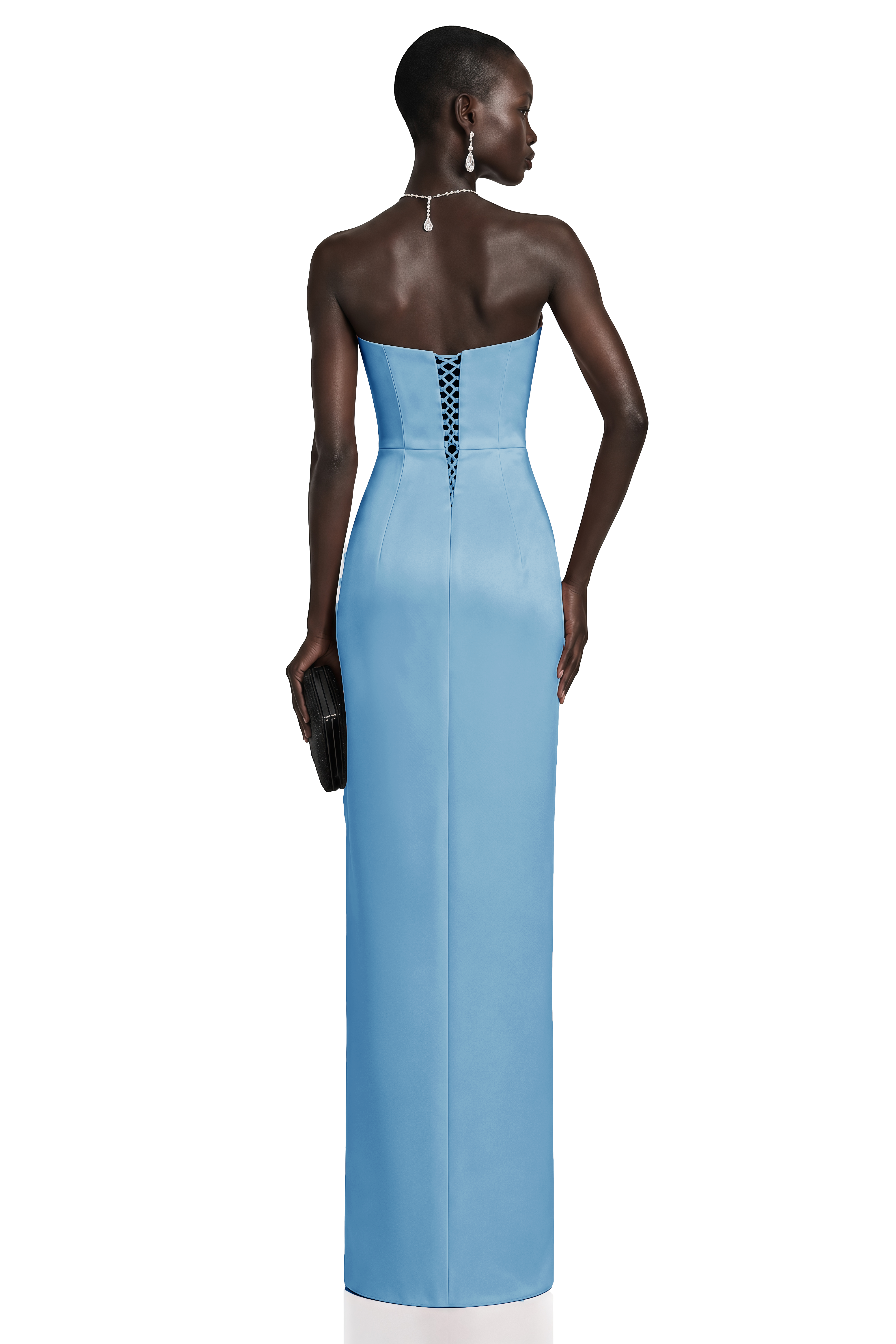 Efsun Blue Off Shoulder Satin Maxi Dress
