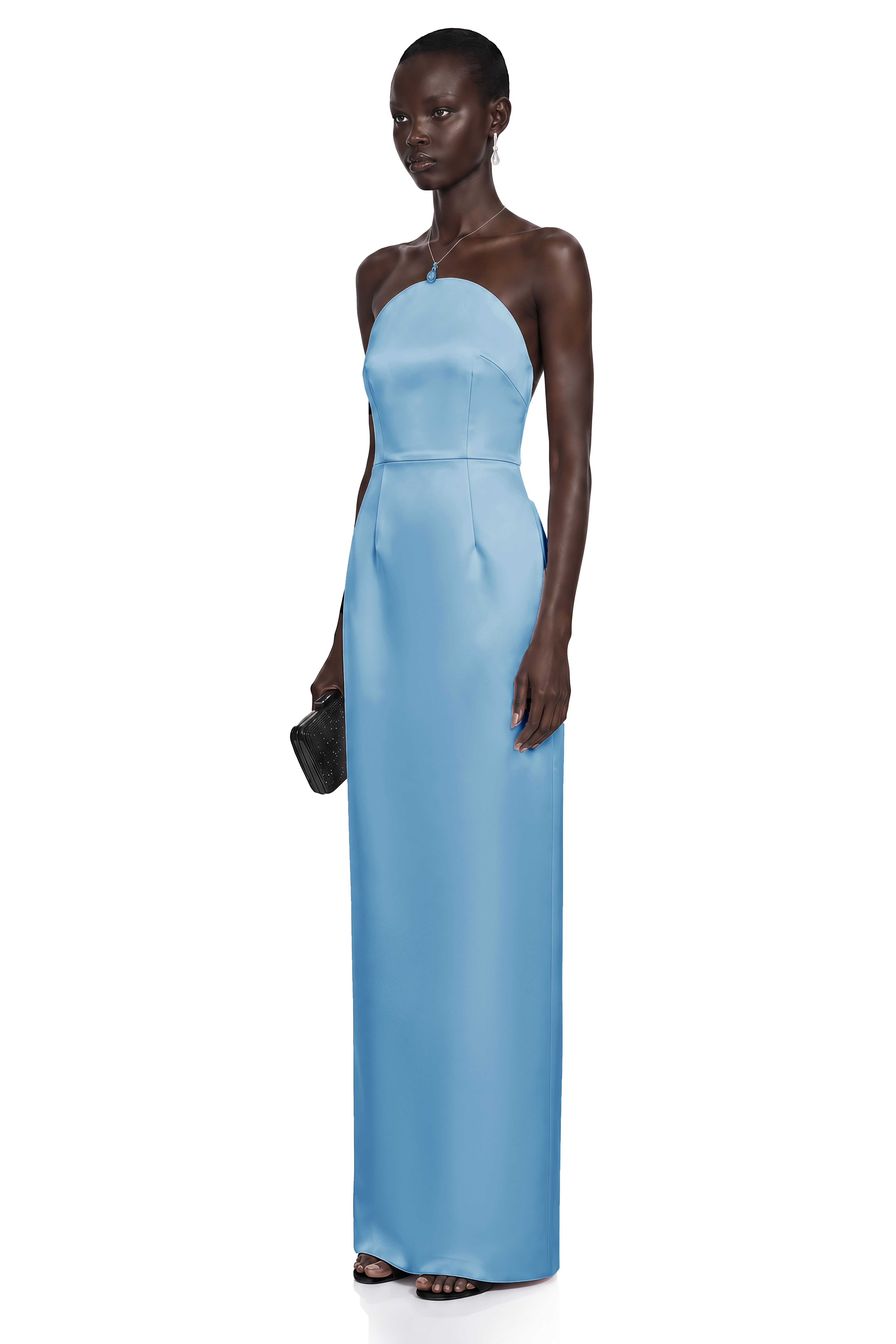 Efsun Blue Off Shoulder Satin Maxi Dress