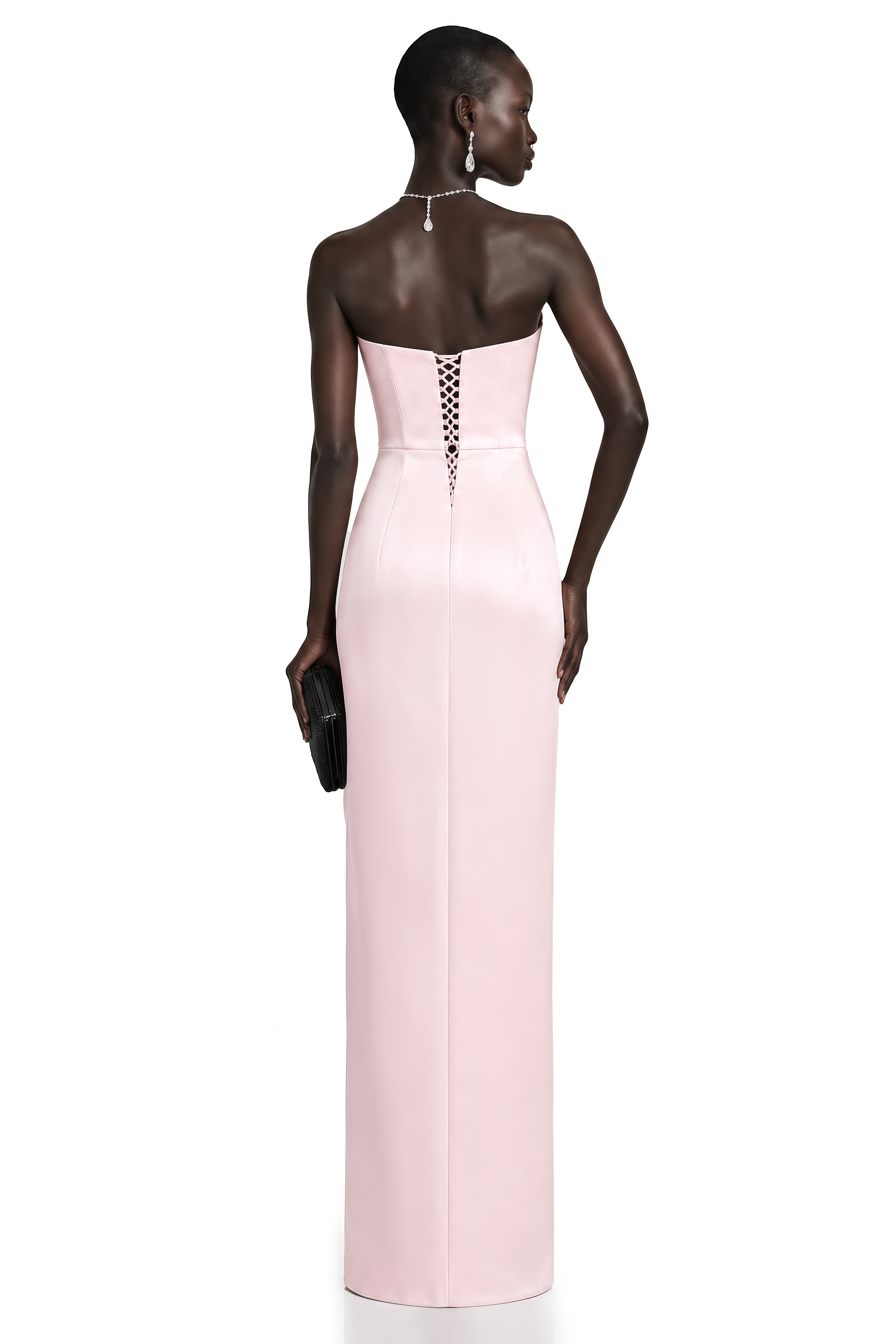 Light pink strapless satin maxi dress with a curved neckline