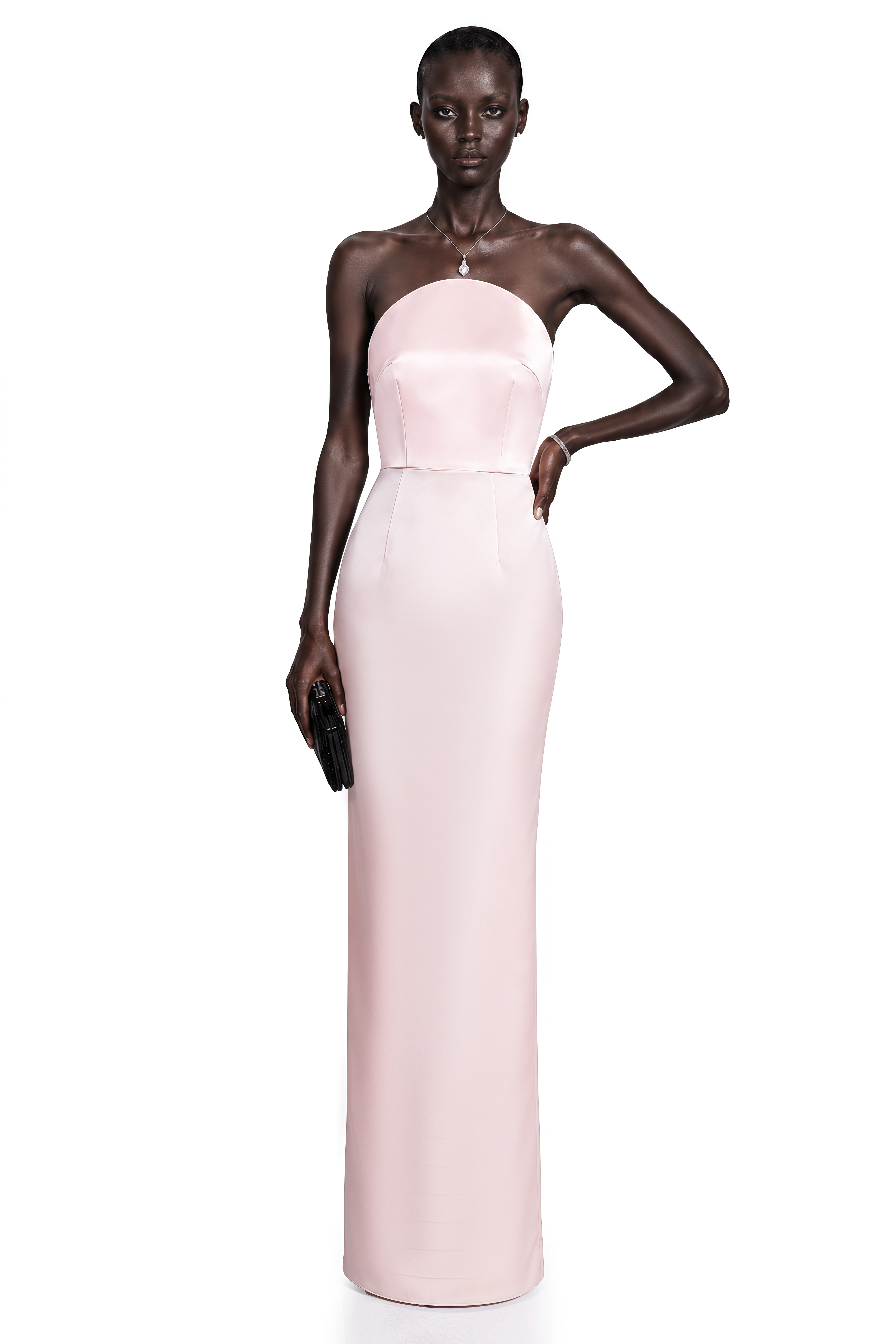 Light pink strapless satin maxi dress with a curved neckline