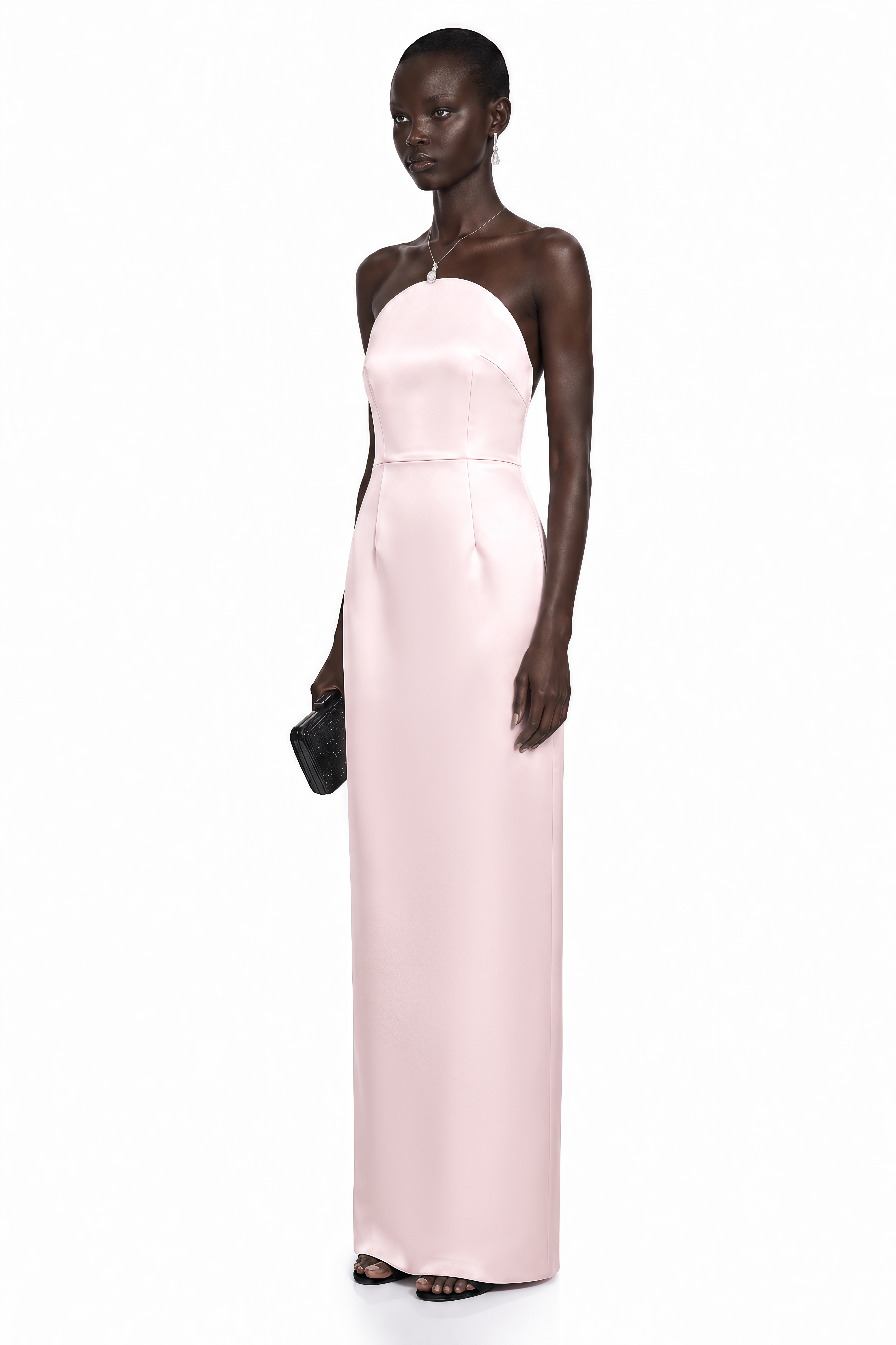 Light pink strapless satin maxi dress with a curved neckline