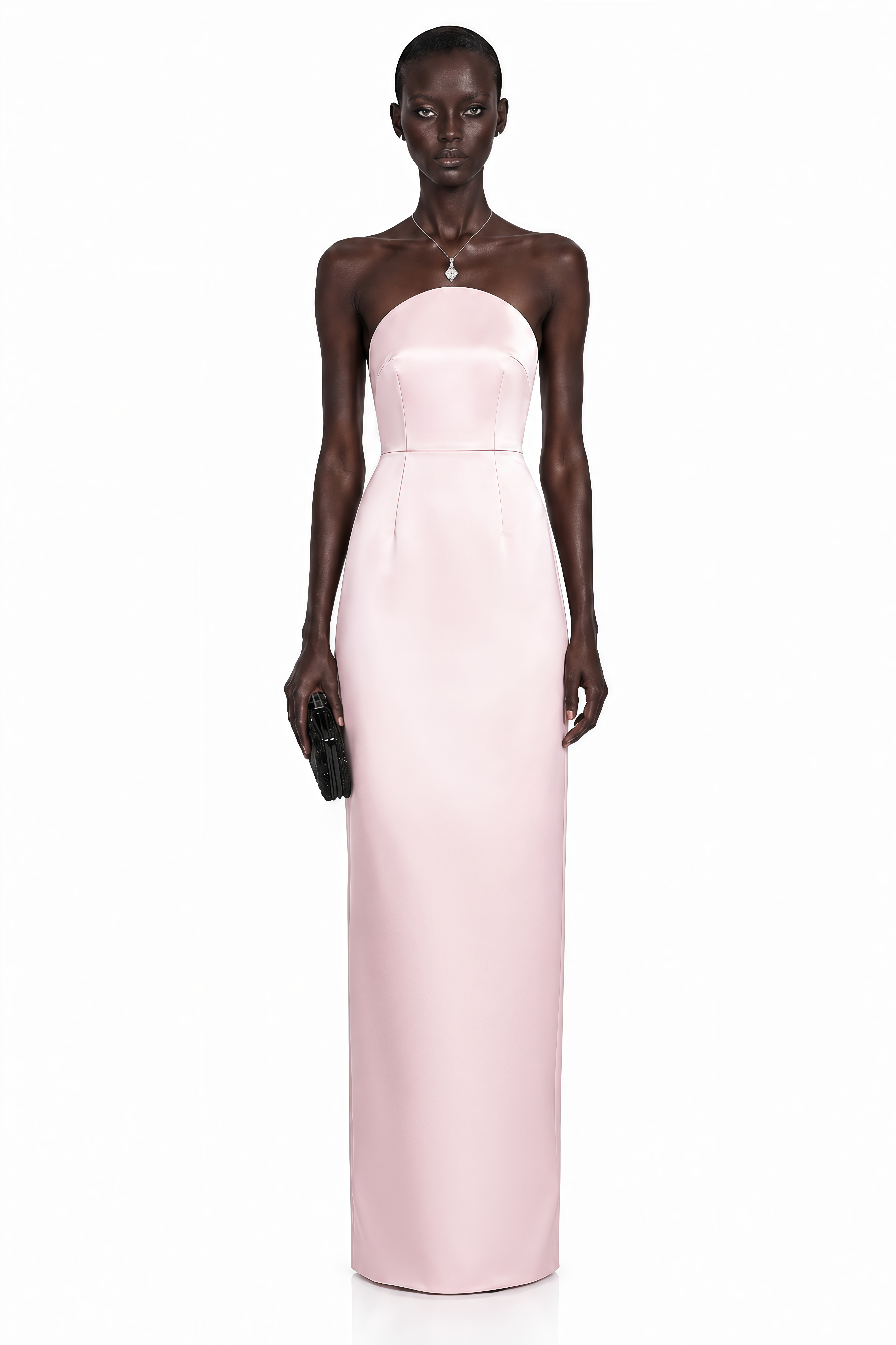 Light pink strapless satin maxi dress with a curved neckline