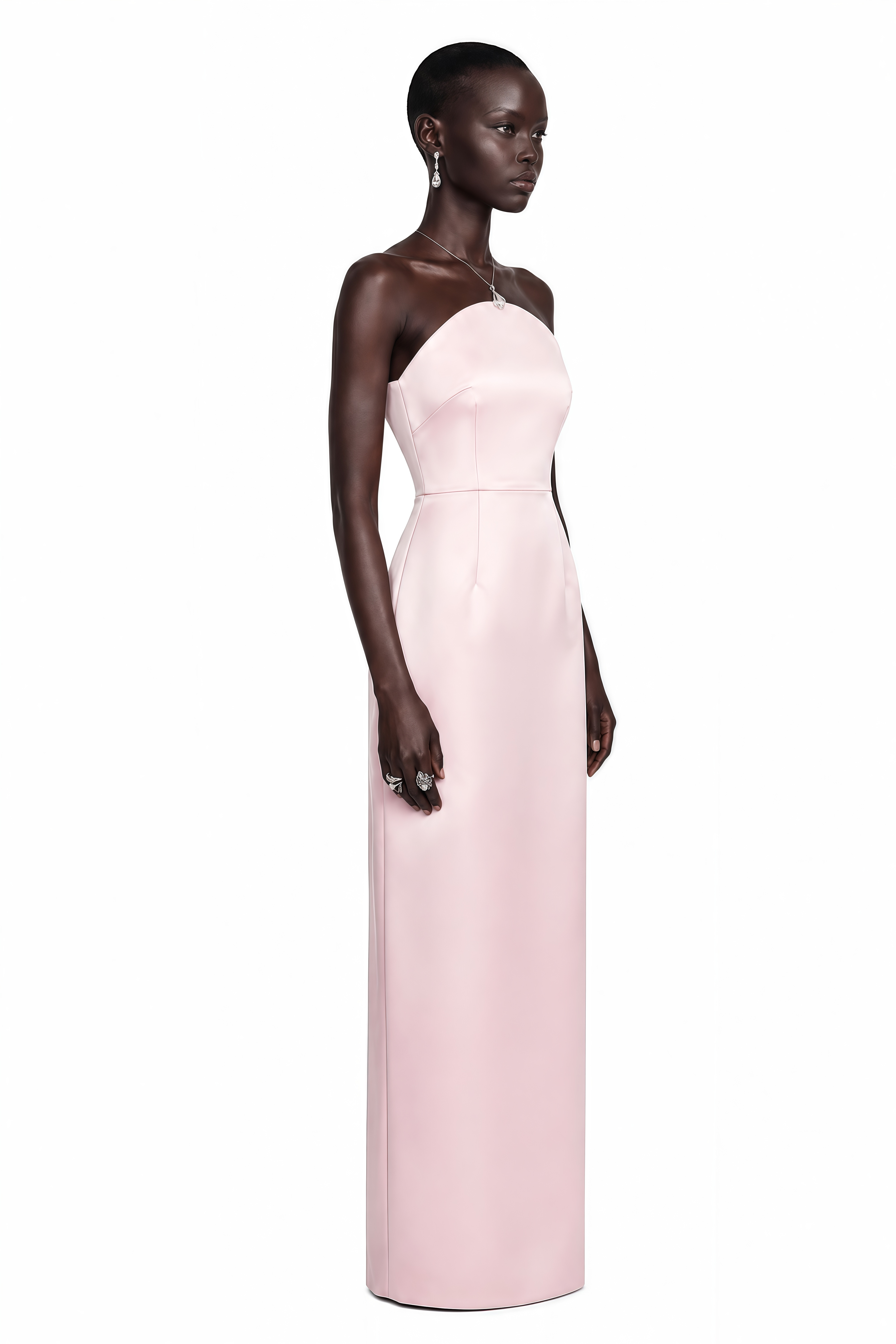 Light pink strapless satin maxi dress with a curved neckline