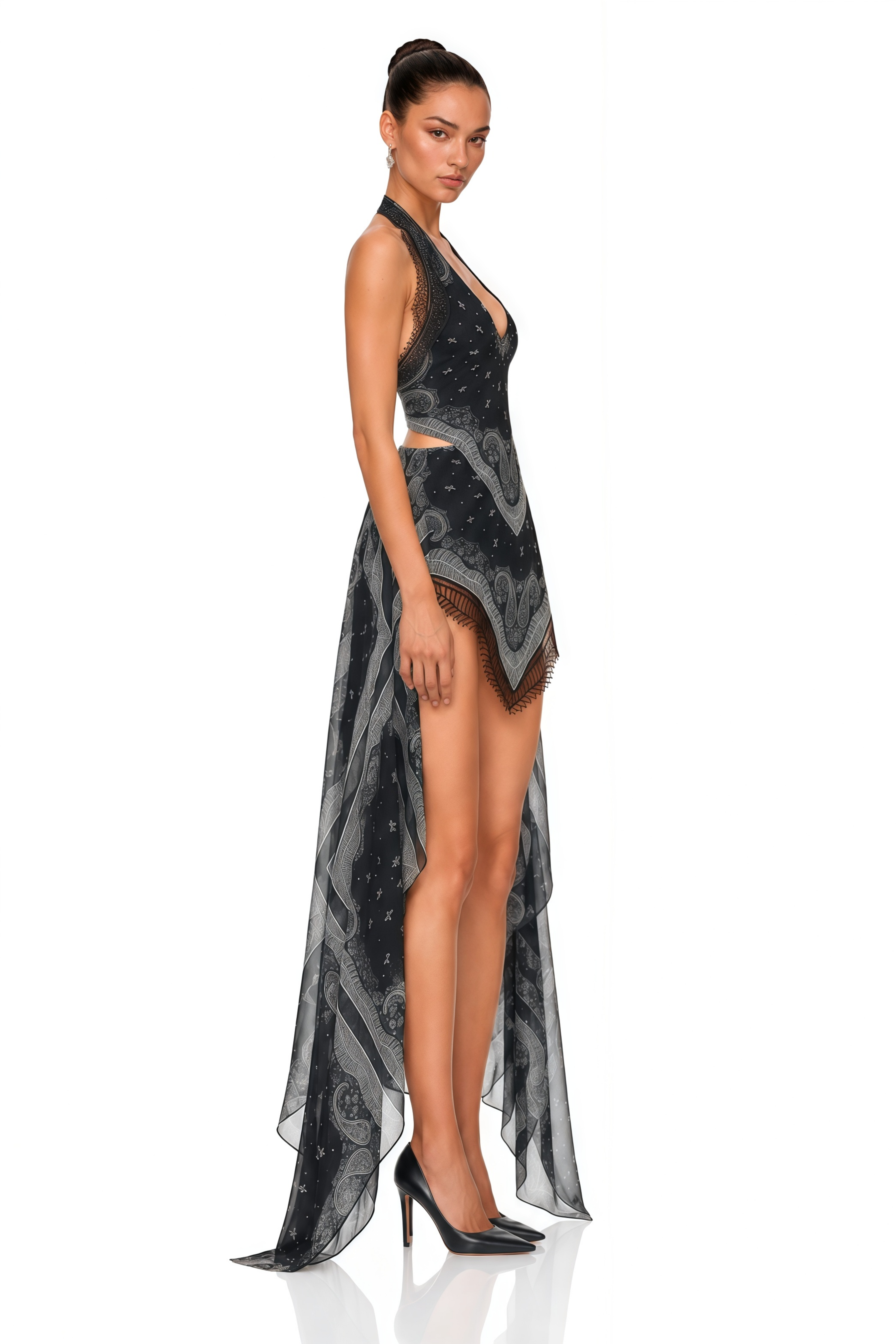 Eibhlin Black Paisley Halterneck Top & Asymmetrical Skirt Set
