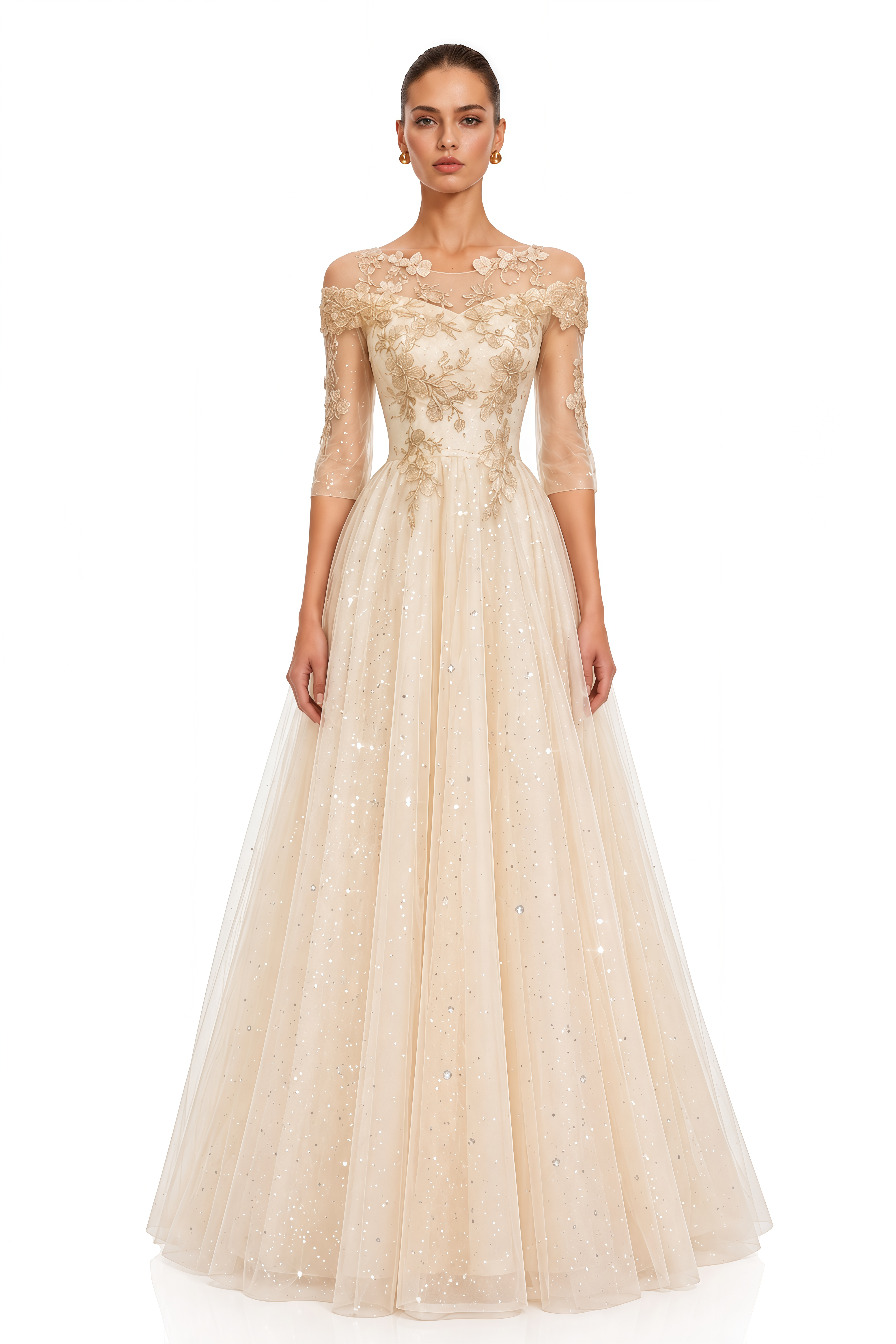 Eirlys Champagne Off Shoulder 3D Floral Tulle Maxi Dress