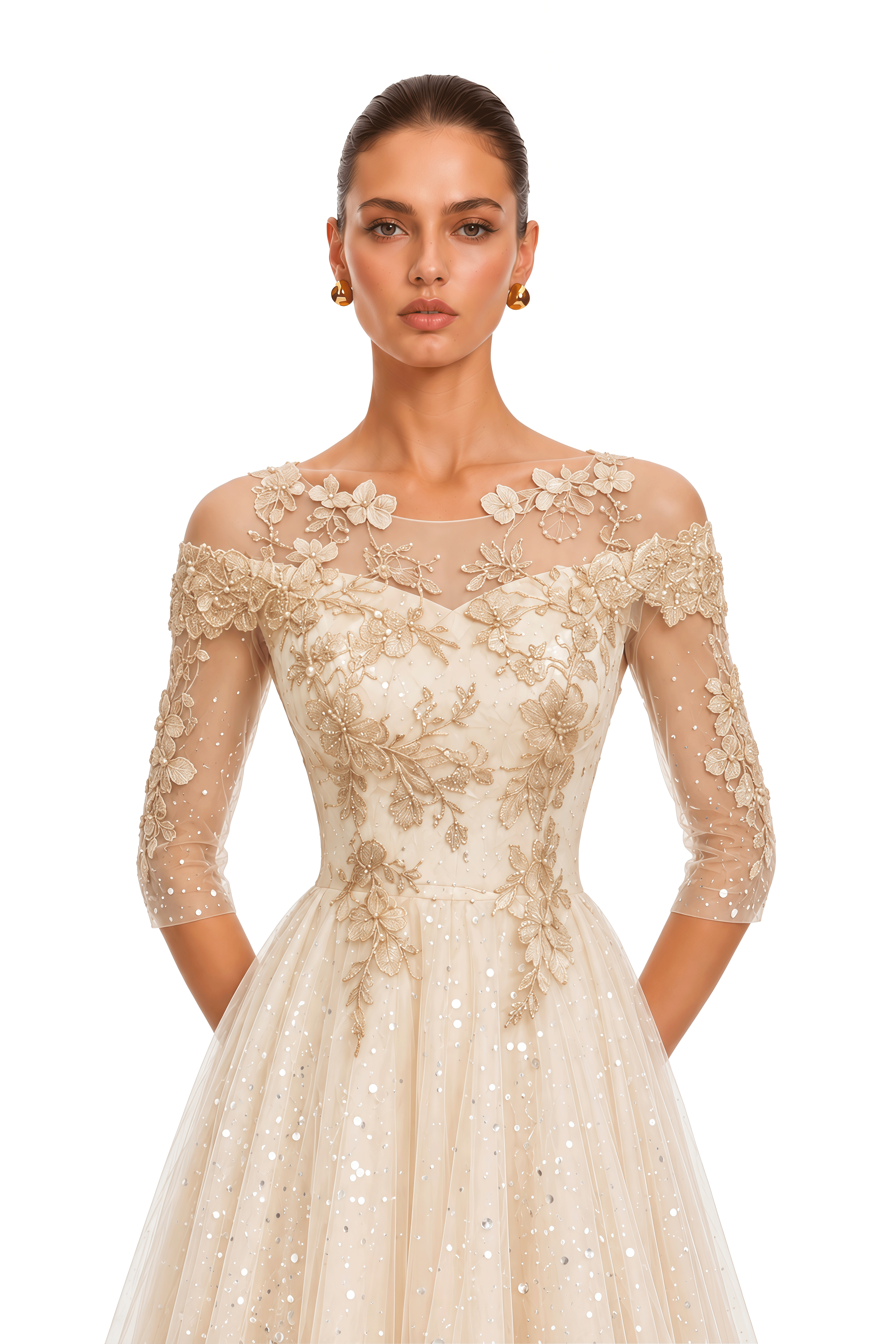 Eirlys Champagne Off Shoulder 3D Floral Tulle Maxi Dress